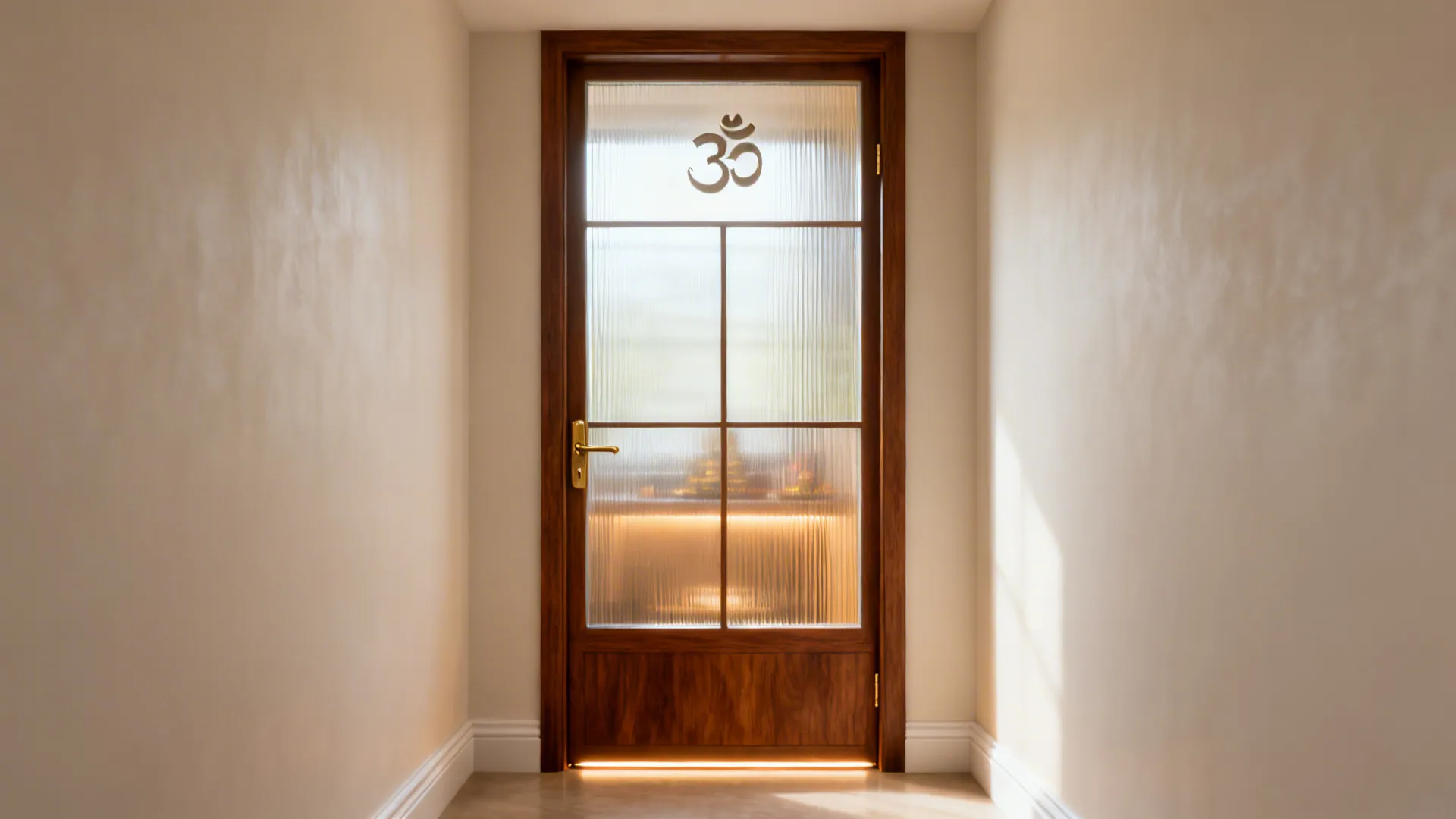 Wood-frame pooja door with frosted and reeded glass brightening a hallway