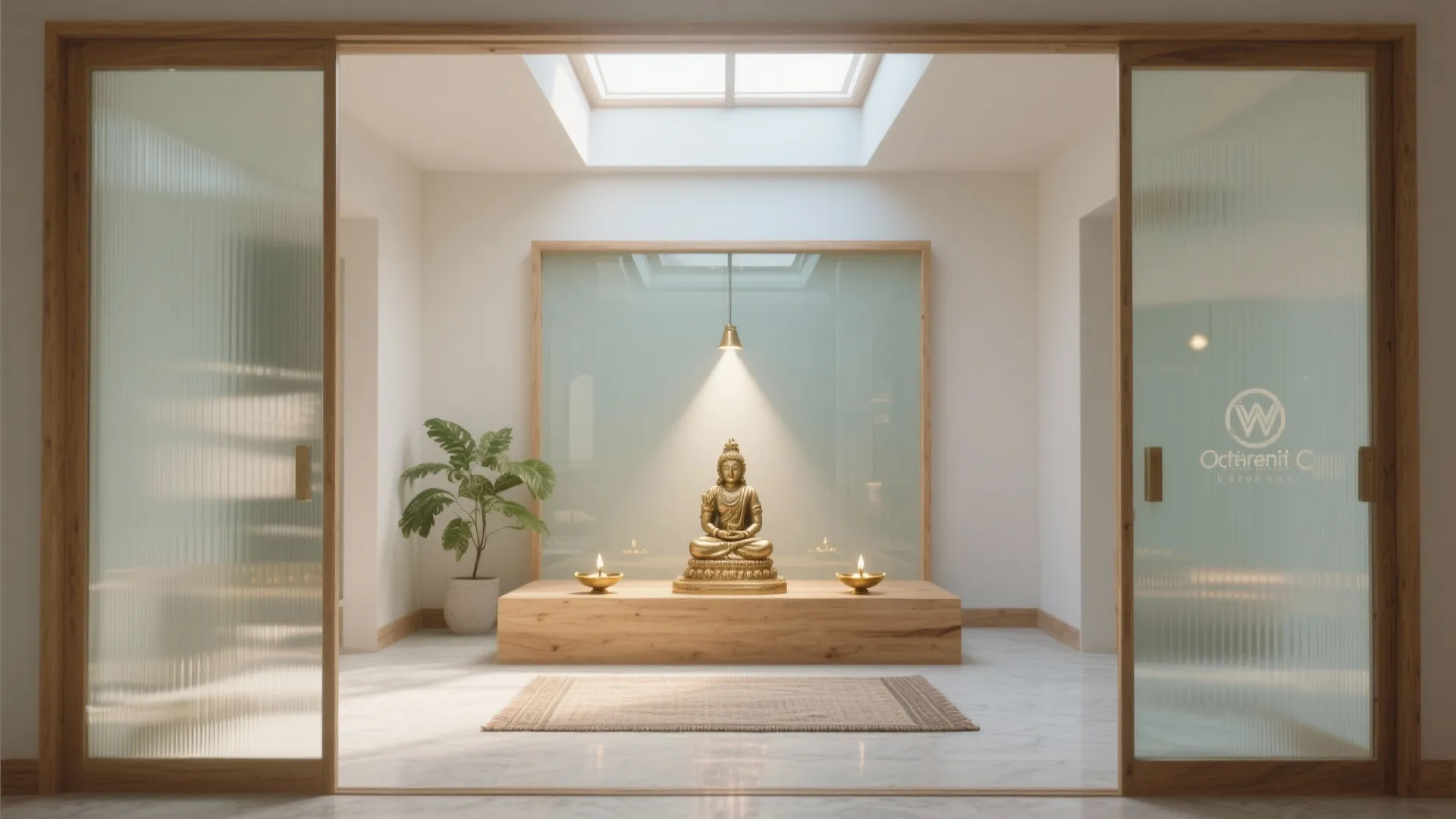 Modern prayer room with gold statue on wood platform plus glass sliding doors and roof window