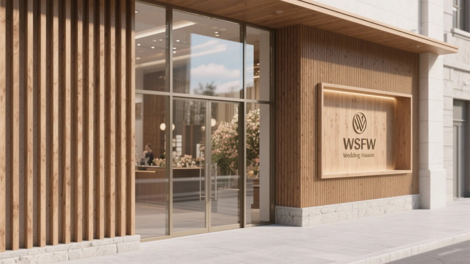 2) Glass-and-Wood Facade with Framed Signage Niche