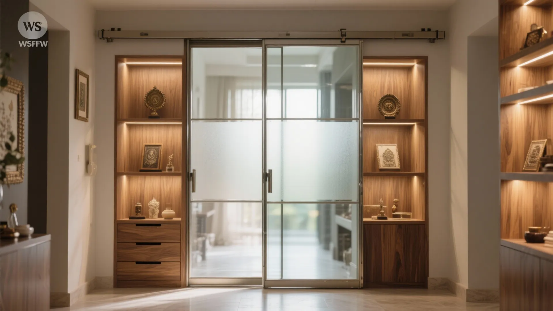 Modern sliding glass doors framed by wooden cabinets with light fixtures and small home decorations