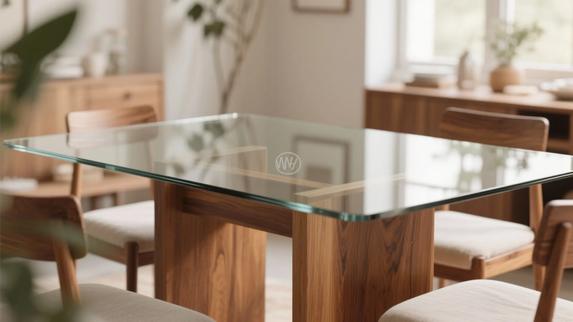 Dining table with a clear glass top and wooden base surrounded by wooden dining chairs