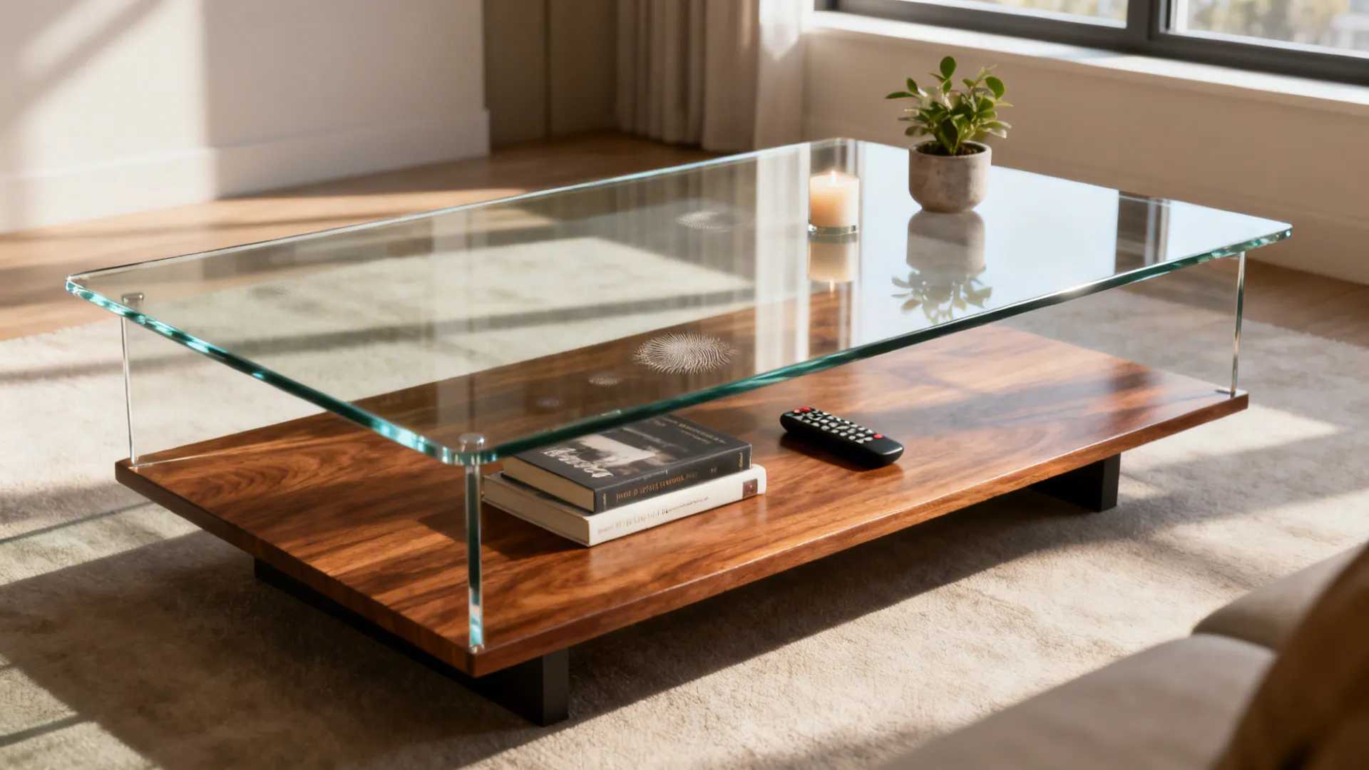 Two-tier coffee table with a tempered glass top and walnut lower shelf holding books in a bright living room.