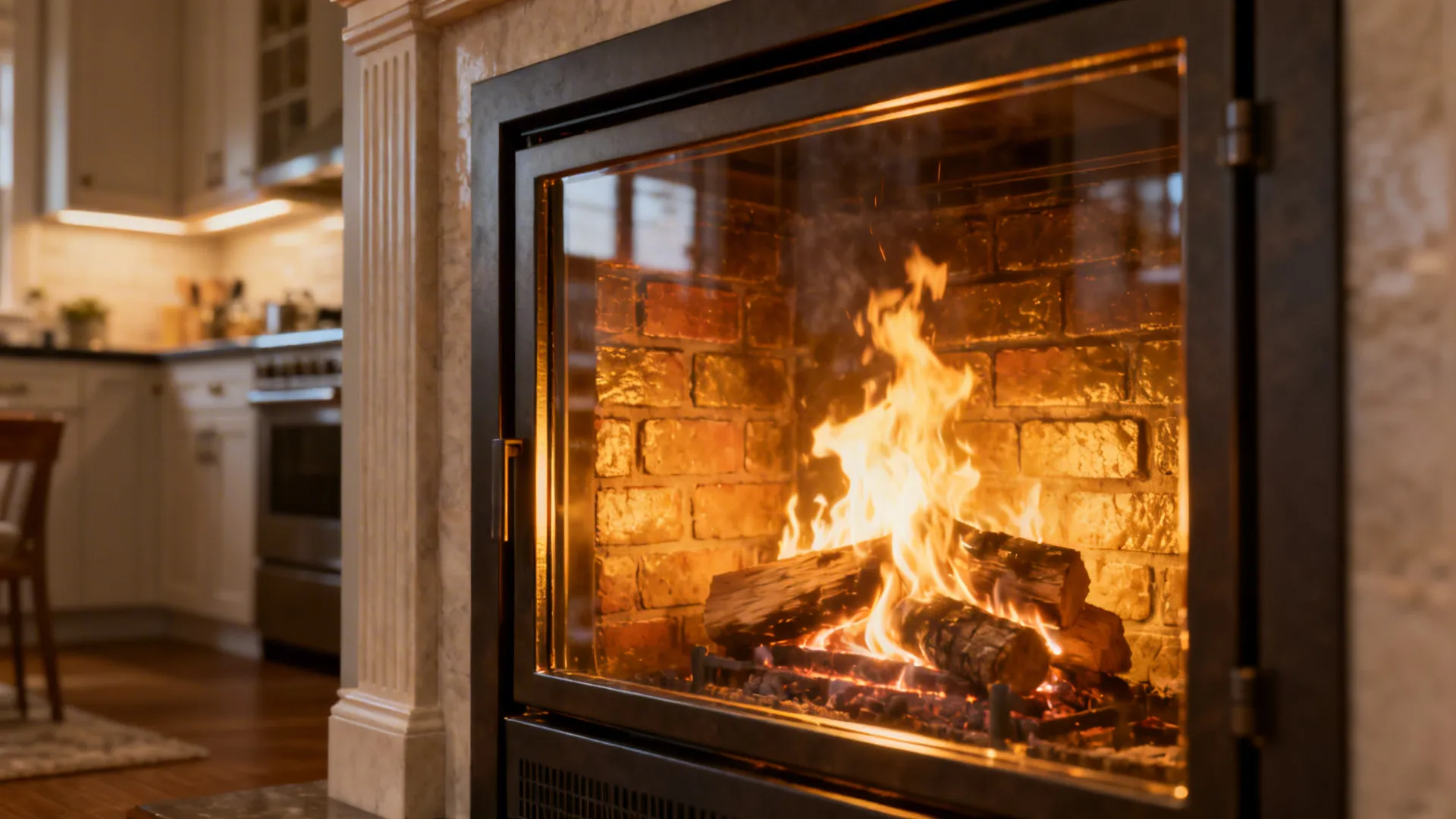 Glass-encased wood-burning fireplace with visible flames and high-efficiency sealed insert.