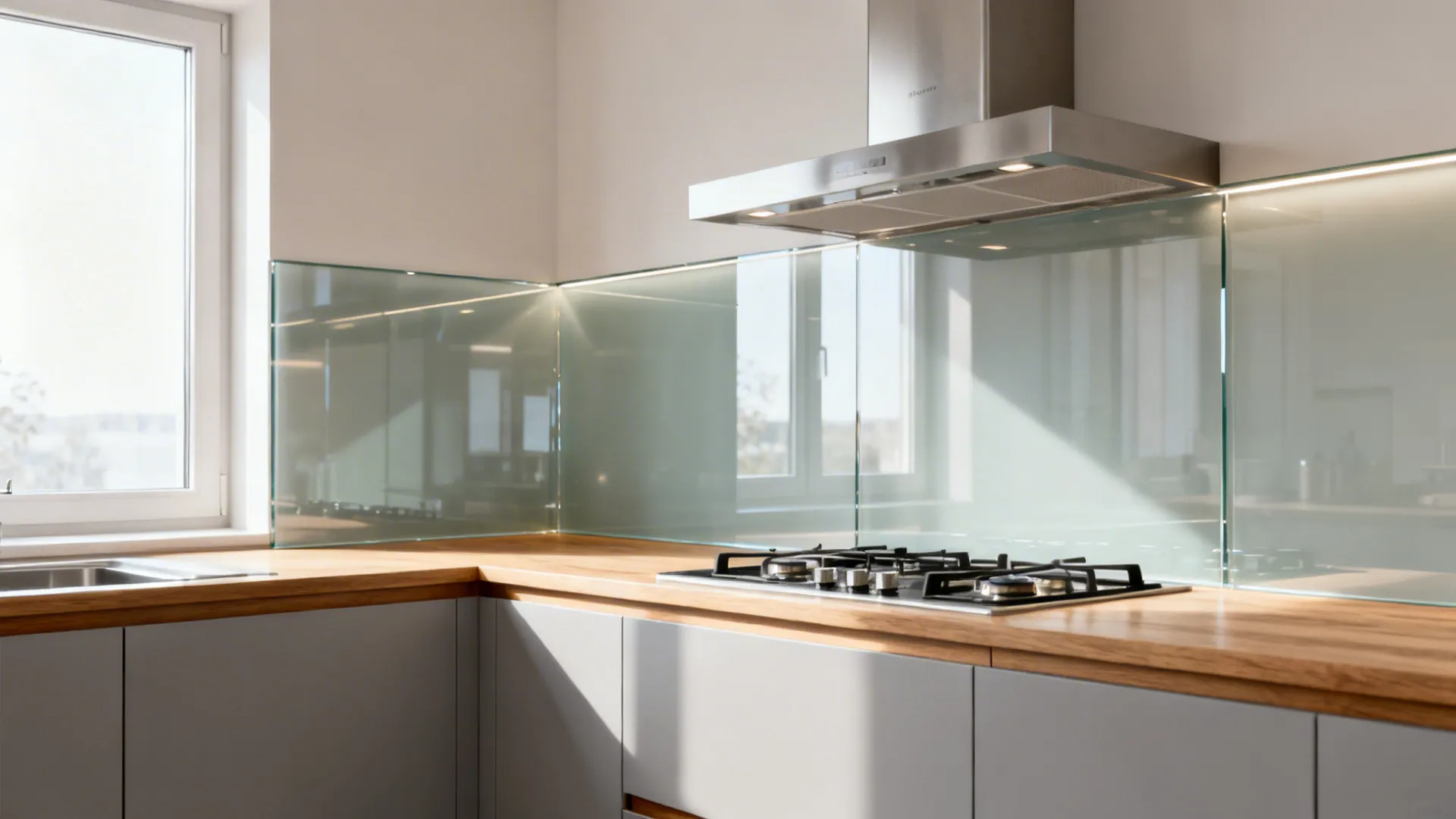 Modern kitchen with wood countertop gas stove grey cabinets and glass backsplash reflecting natural light