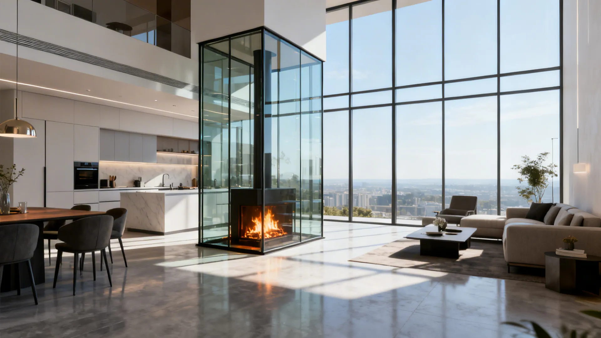 Modern open plan living room with glass fireplace large windows showing city view and kitchen