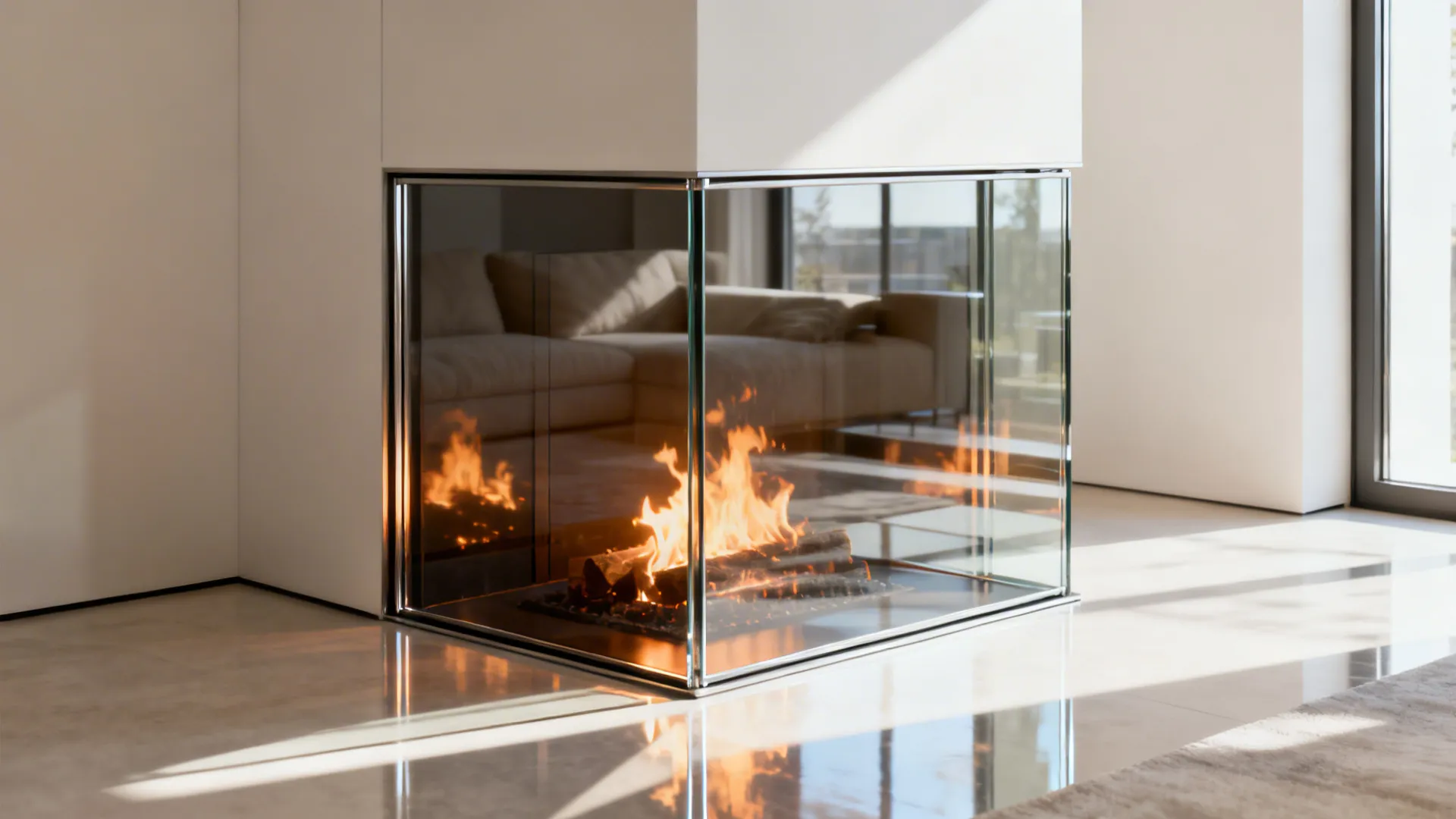Three-sided glass corner fireplace creating visual lightness in a small living space