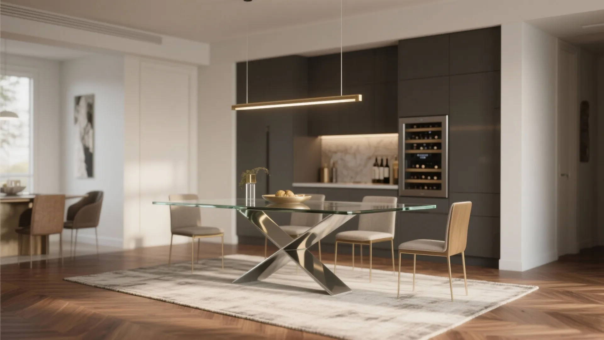 Large glass dining table with metal legs in a modern room with dark grey cabinets