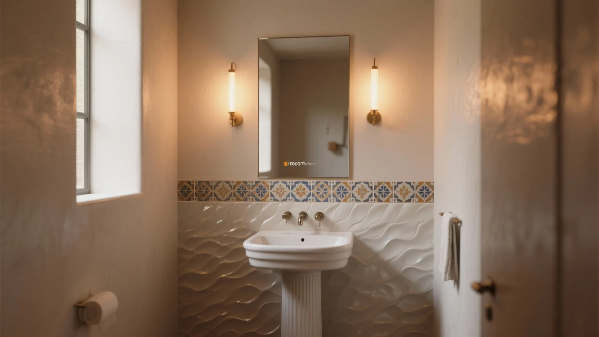 Classic bathroom with white wavy wall tiles patterned border mirror wall lights and a pedestal sink