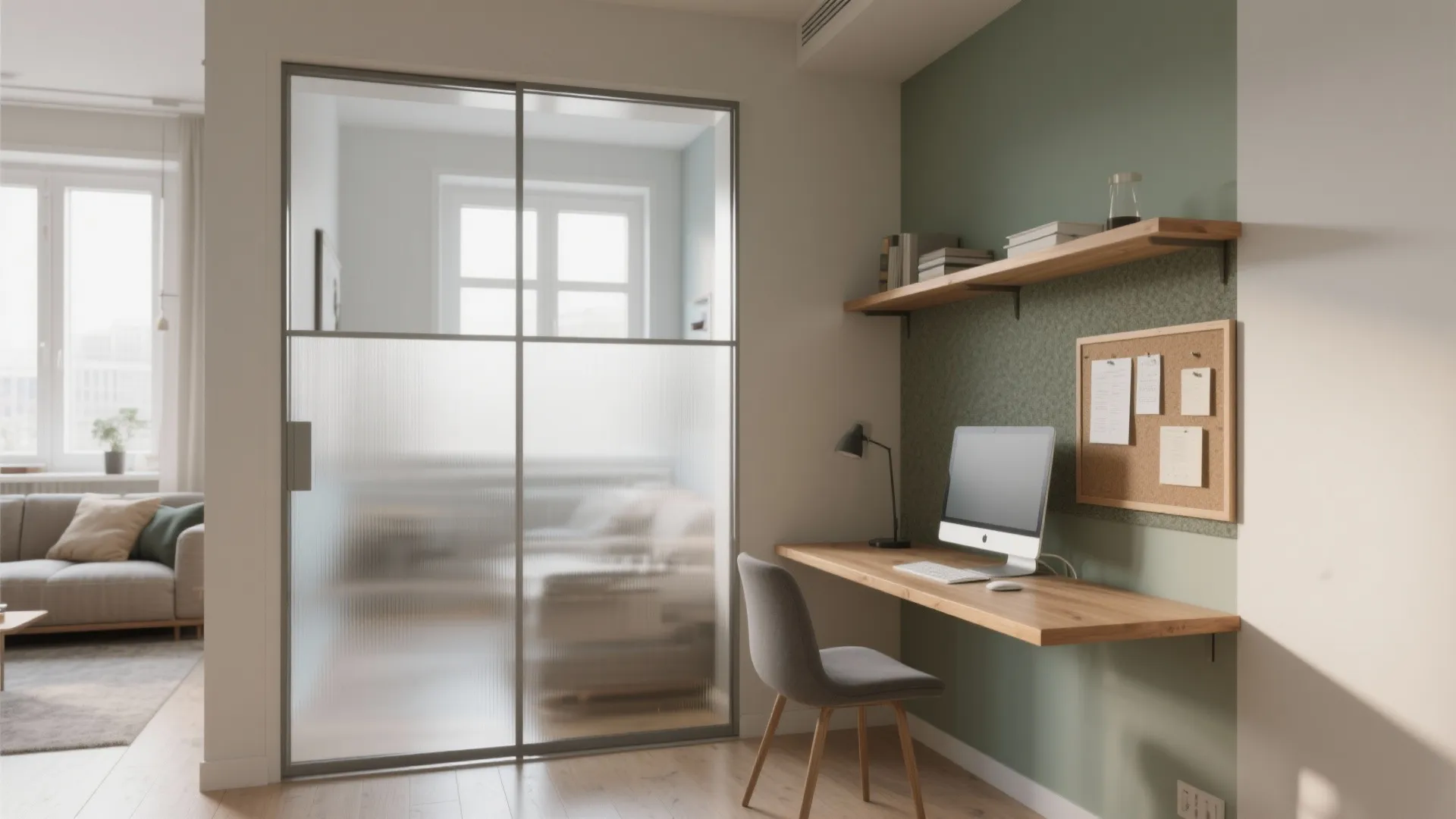 Modern home office with wood desk grey chair computer glass sliding door and green wall panel