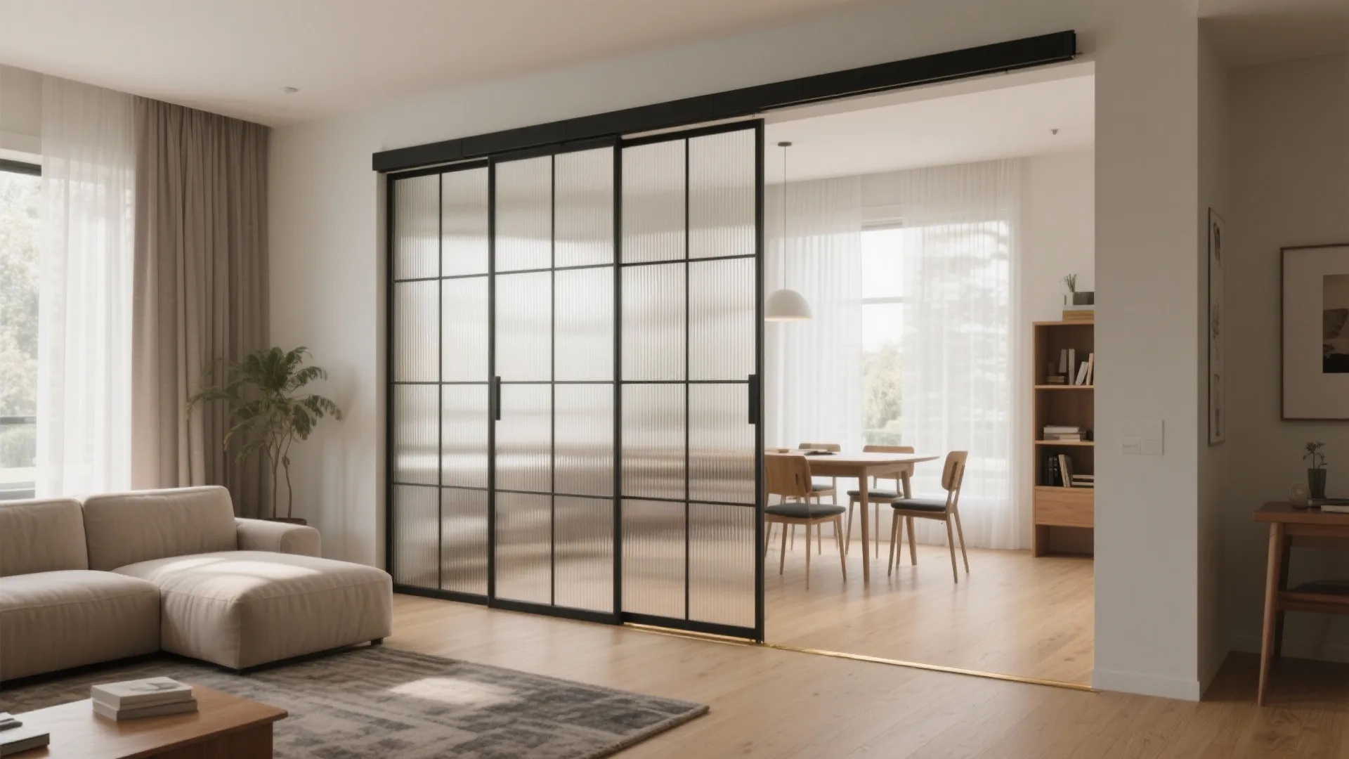 2) Open living-dining, softly zoned with a sliding glass partition