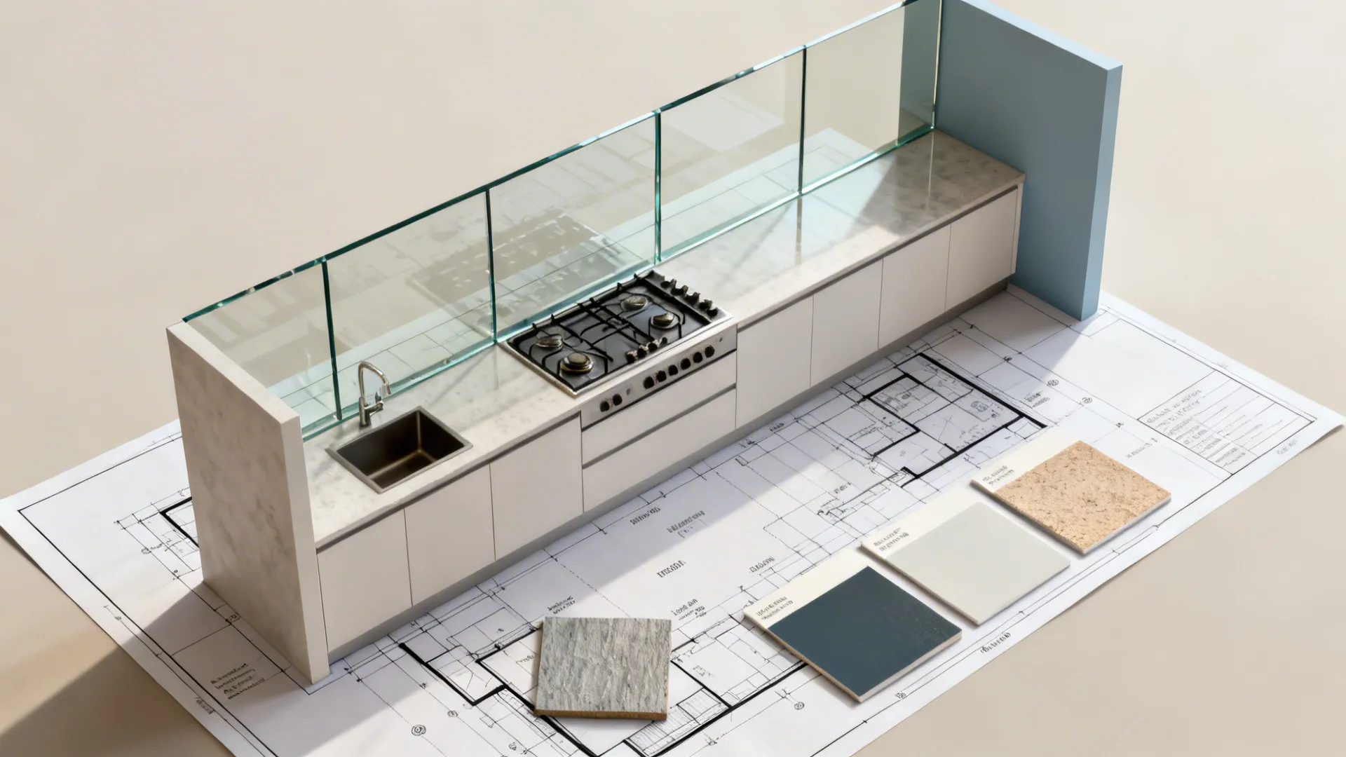 Kitchen island 3D model placed on a paper floor plan with various material sample tiles