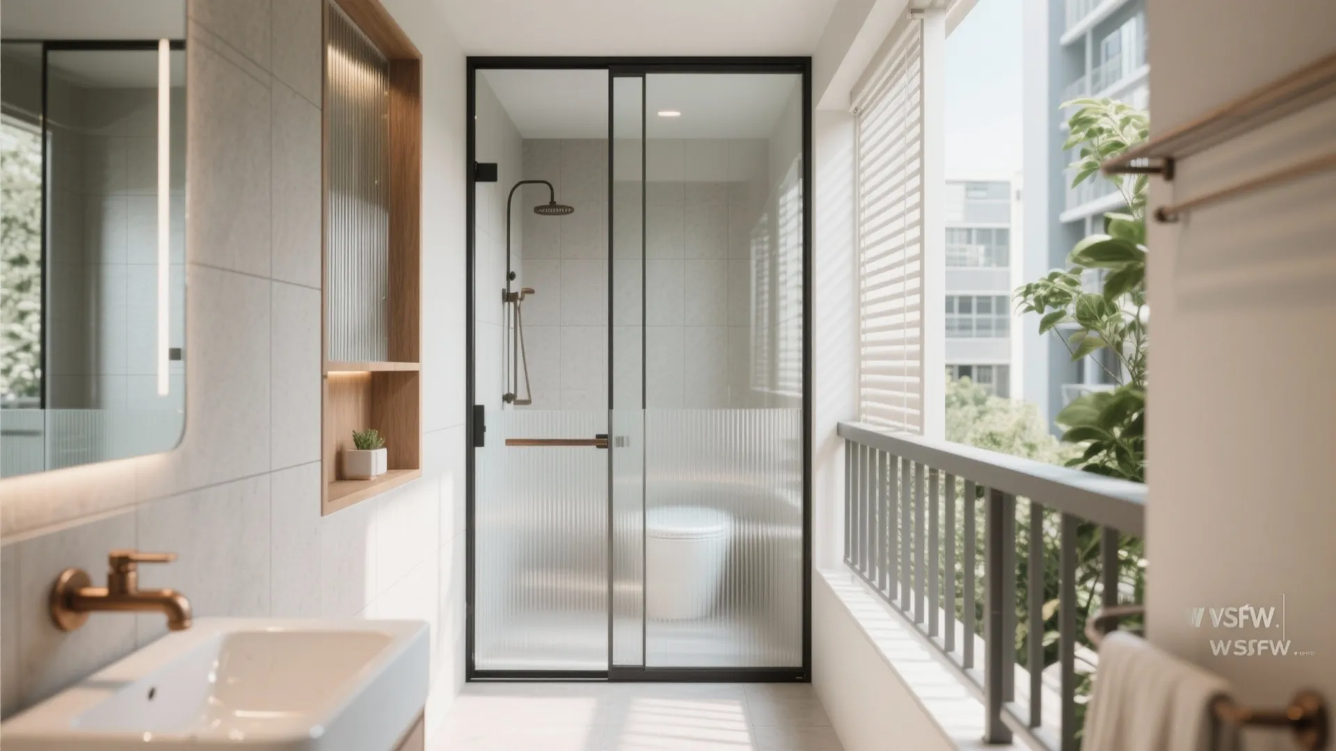 Bright bathroom interior design drawing with glass shower door white sink and outdoor balcony view