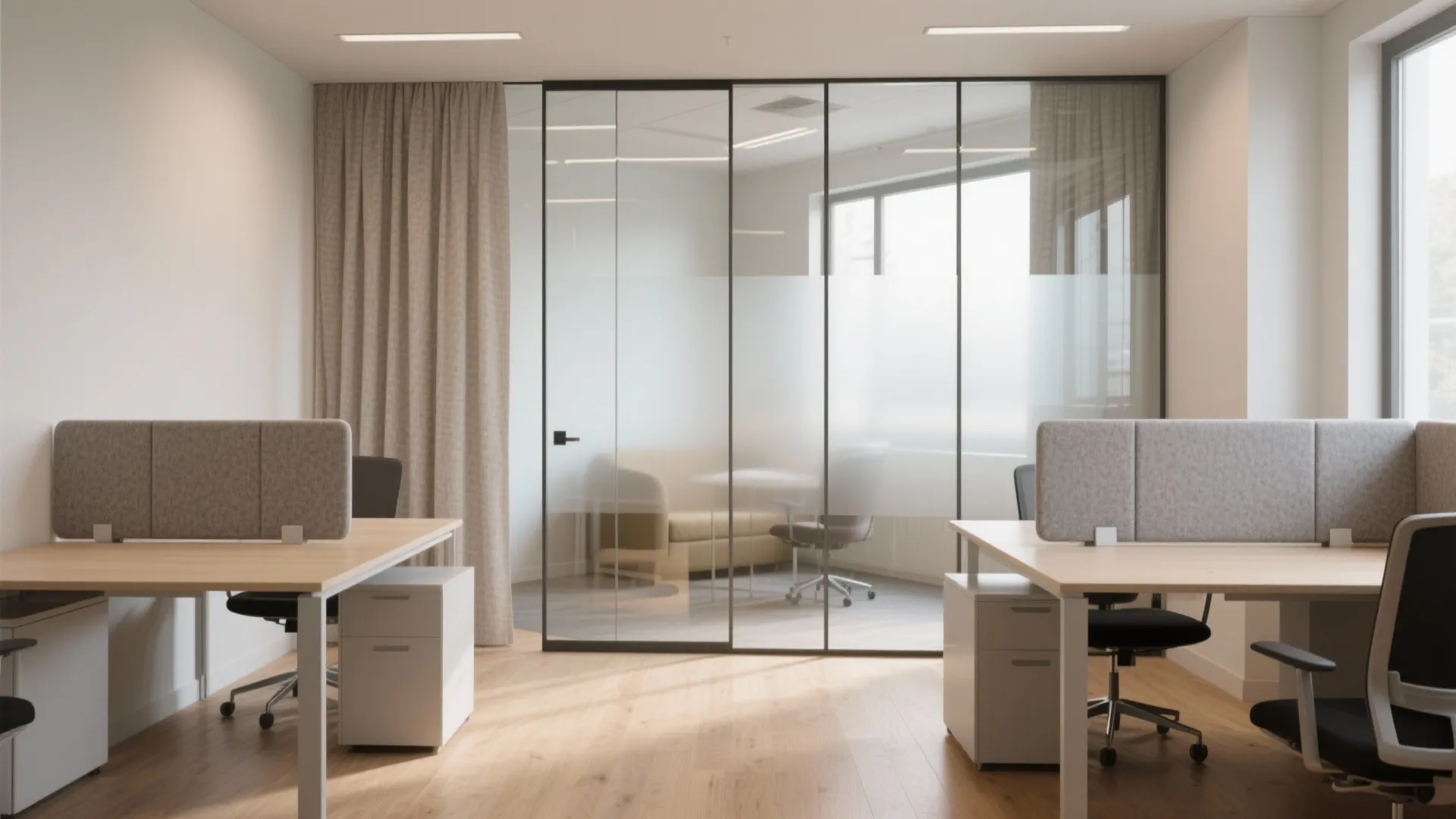 Small office with glass partitions, frosted panels and acoustic curtains preserving sightlines while creating privacy.