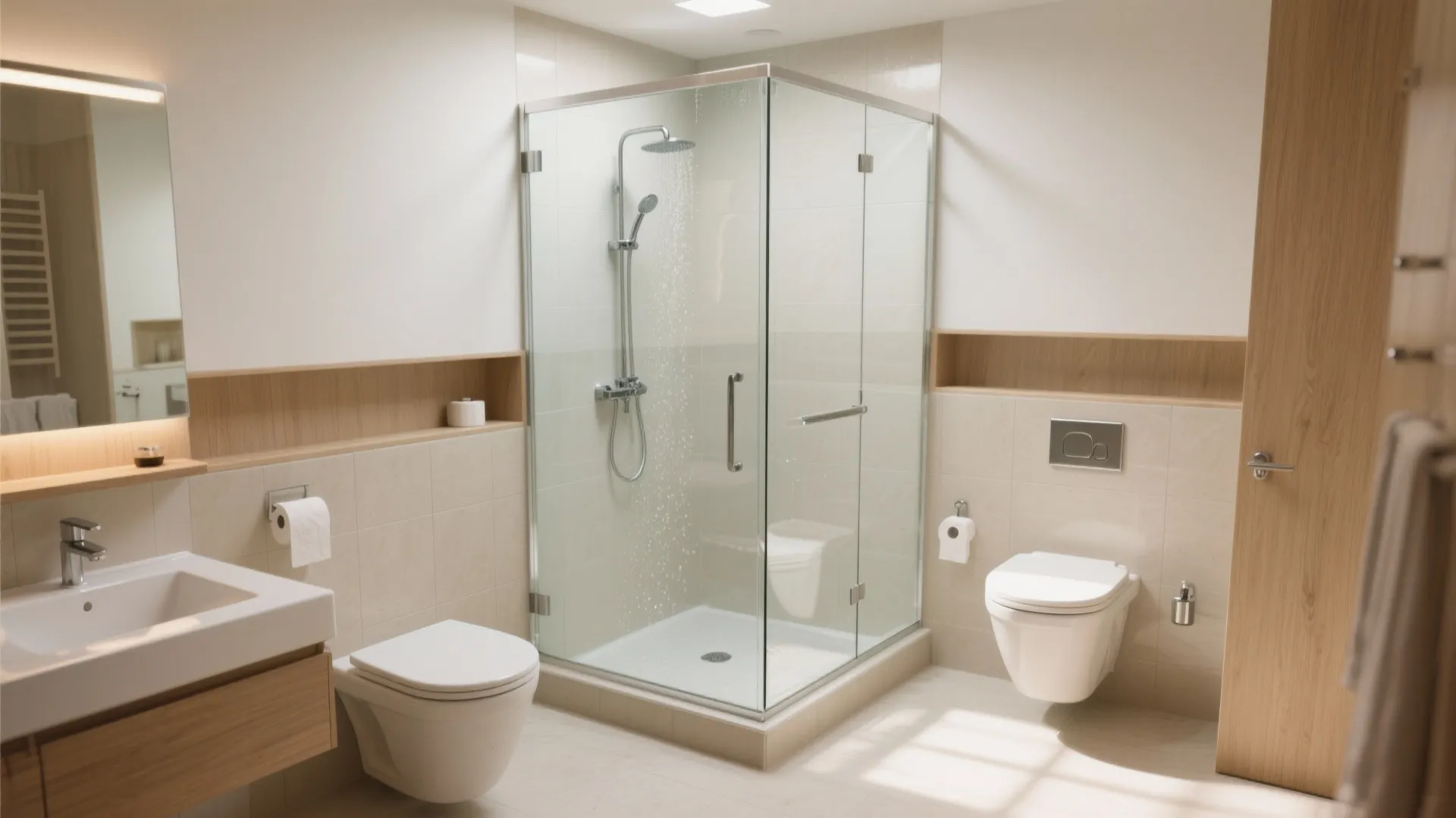 2) Clear zoning with glass: wet and dry areas