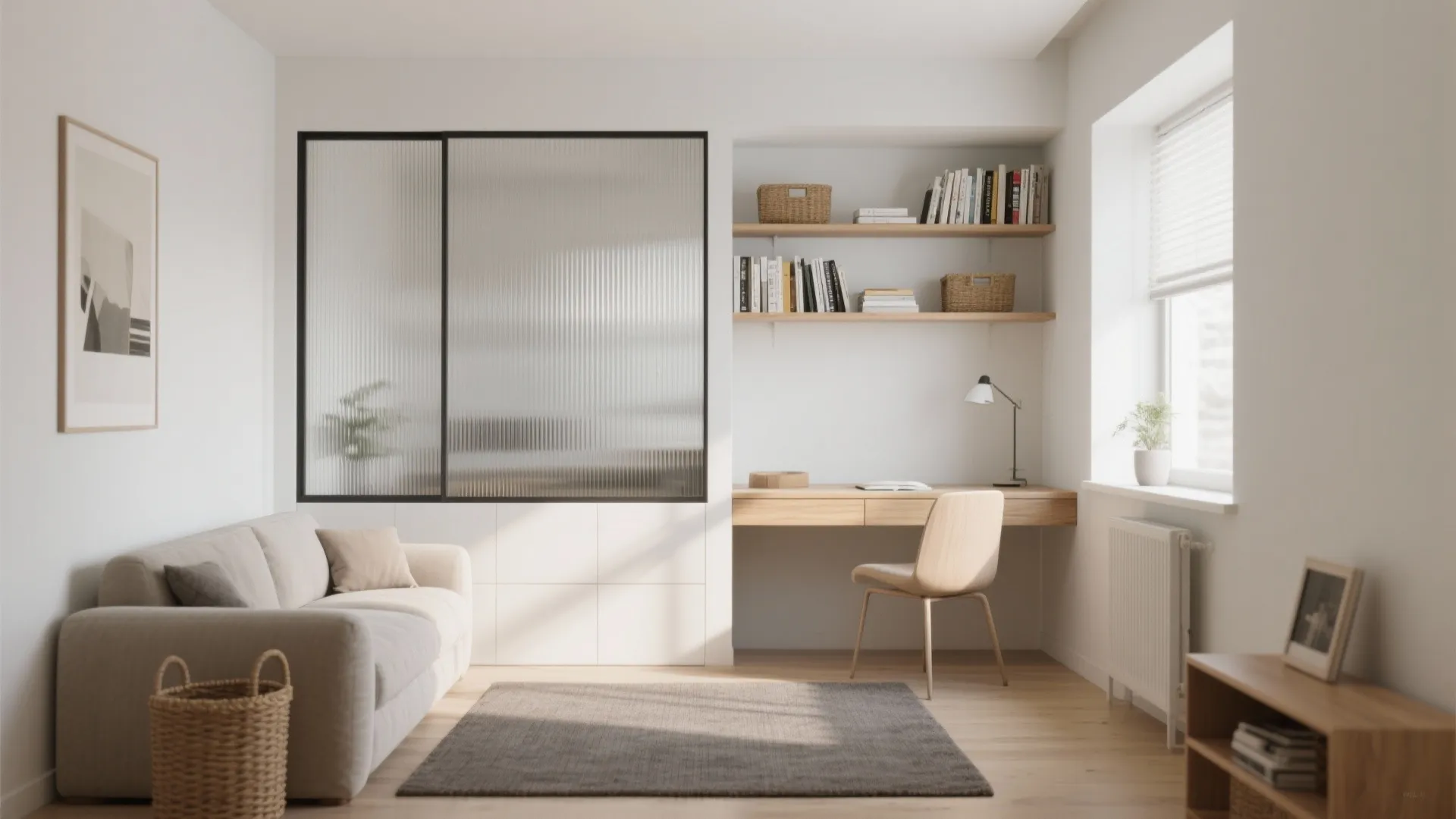 Transparent zoning with glass and open shelving