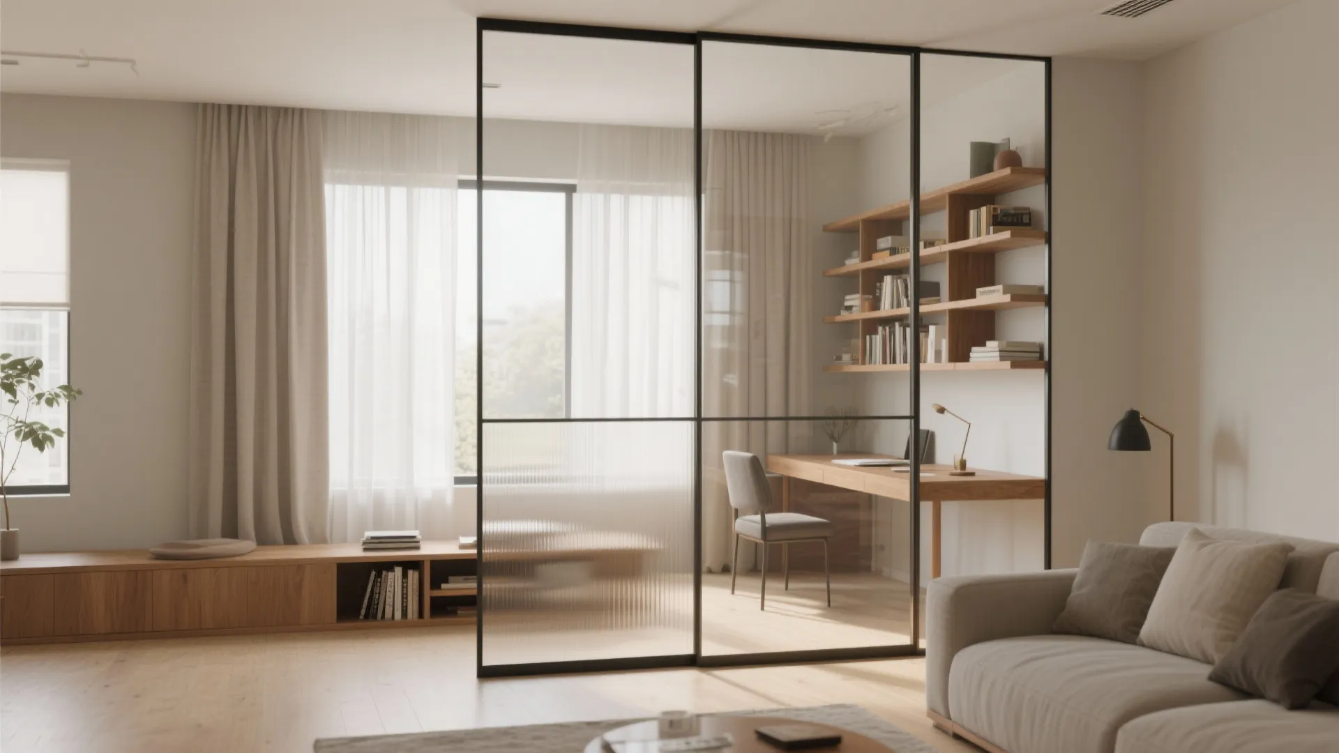 Transparent zoning with glass and bookcases