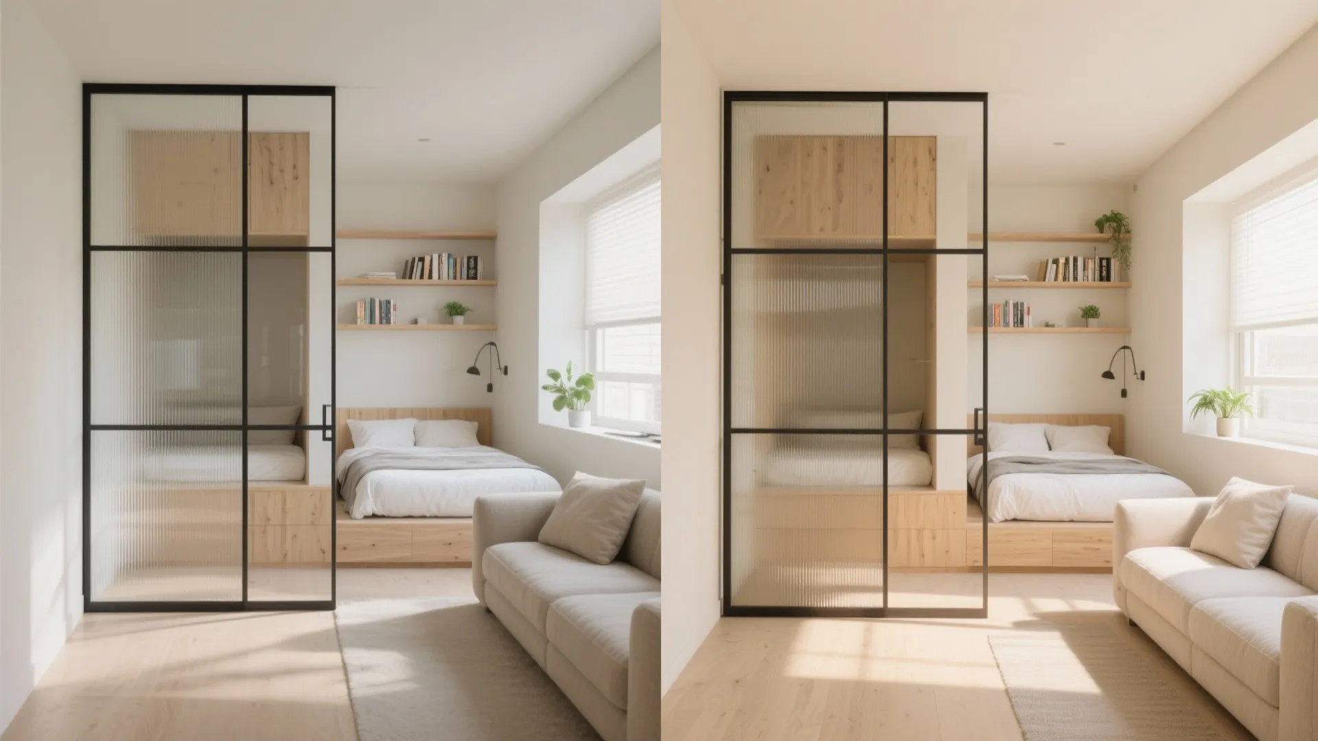 2) See-through zoning with glass, slatted screens, and low dividers