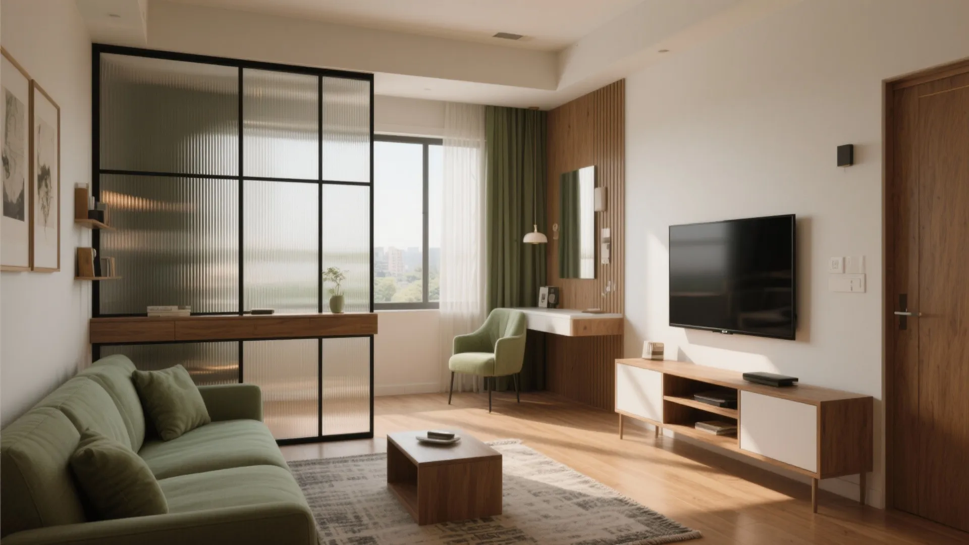 Living room with green sofa, wooden tv cabinet, glass wall divider, and natural window light