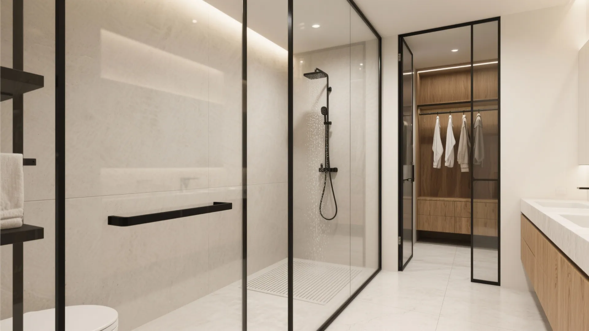 1) Glass zoning for an airy, humidity-smart suite