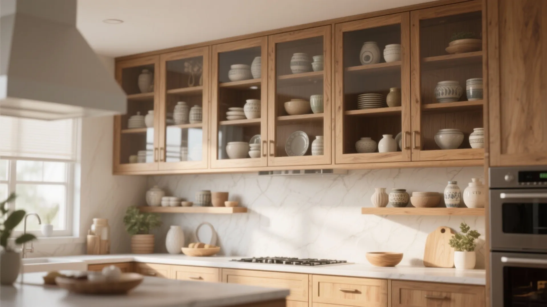 Oak kitchen cabinets with glass doors showing ceramic plates and bowls on marble countertop interior