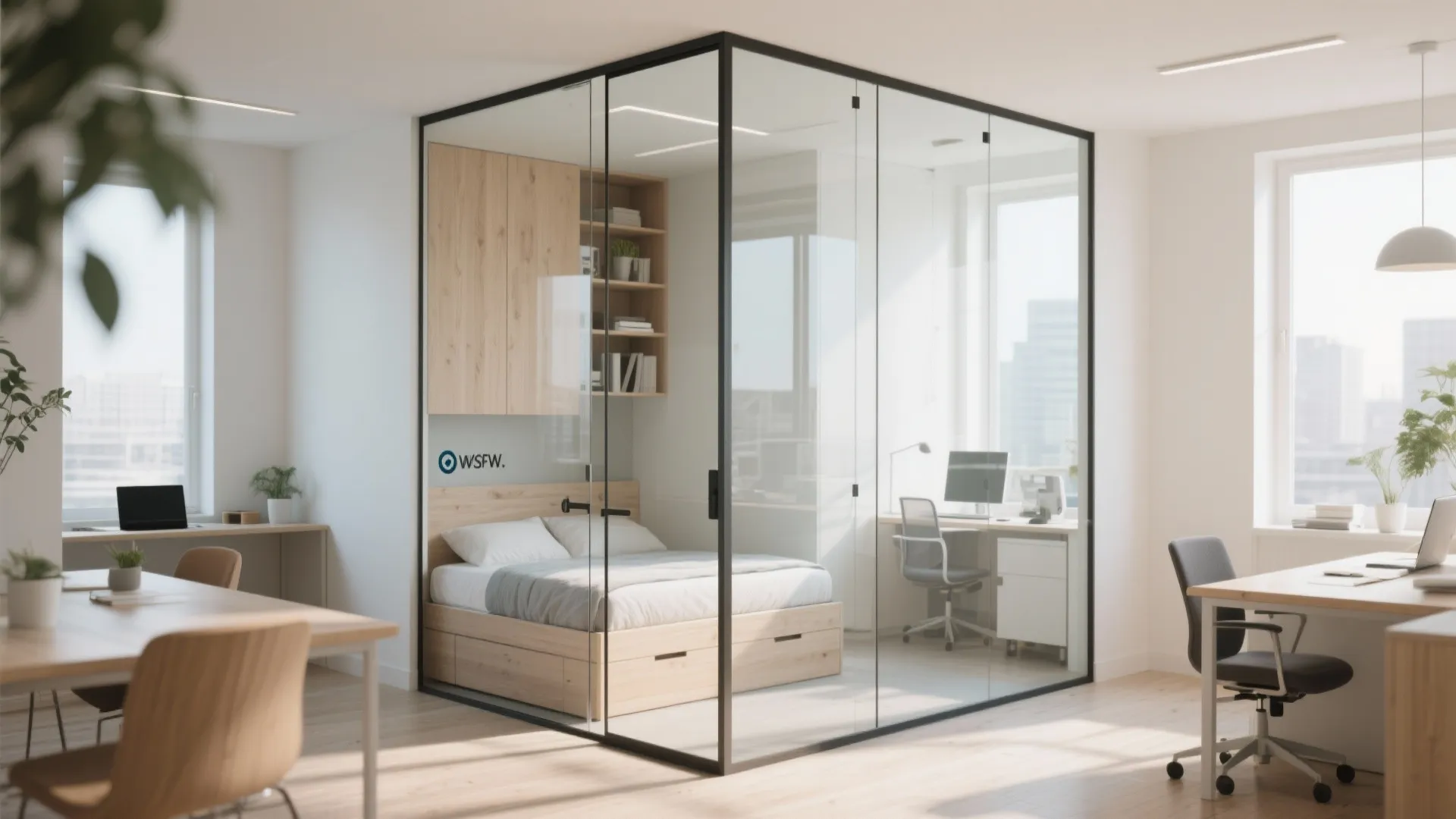 Murphy bed office with glass wall for natural light
