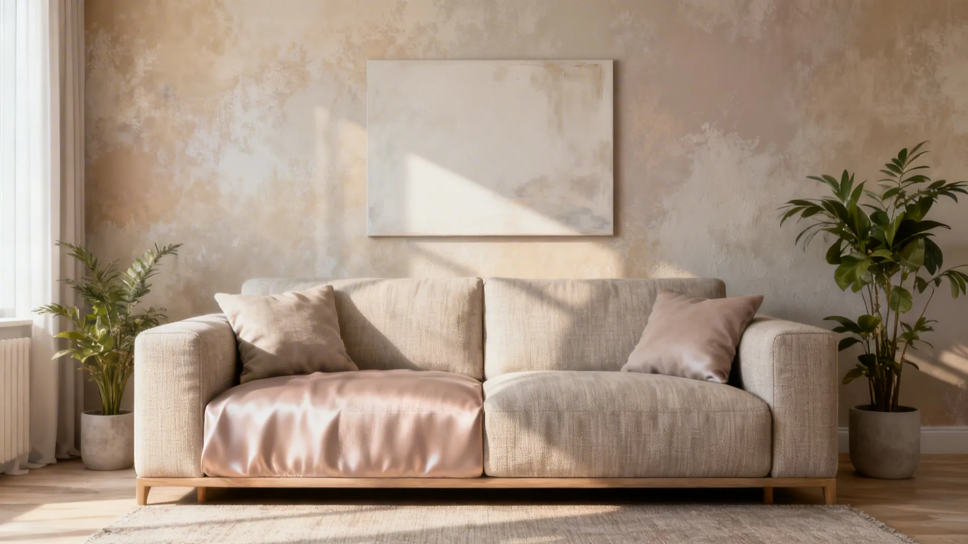 Living room with a glazed color wash wall in warm greige and pale mushroom tones.
