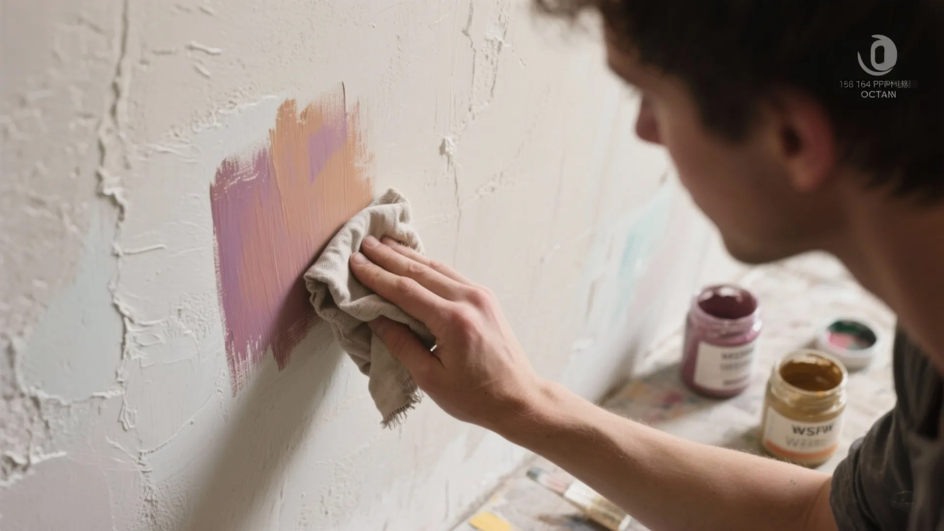 Person using a small cloth to apply colorful paint onto a white textured wall surface