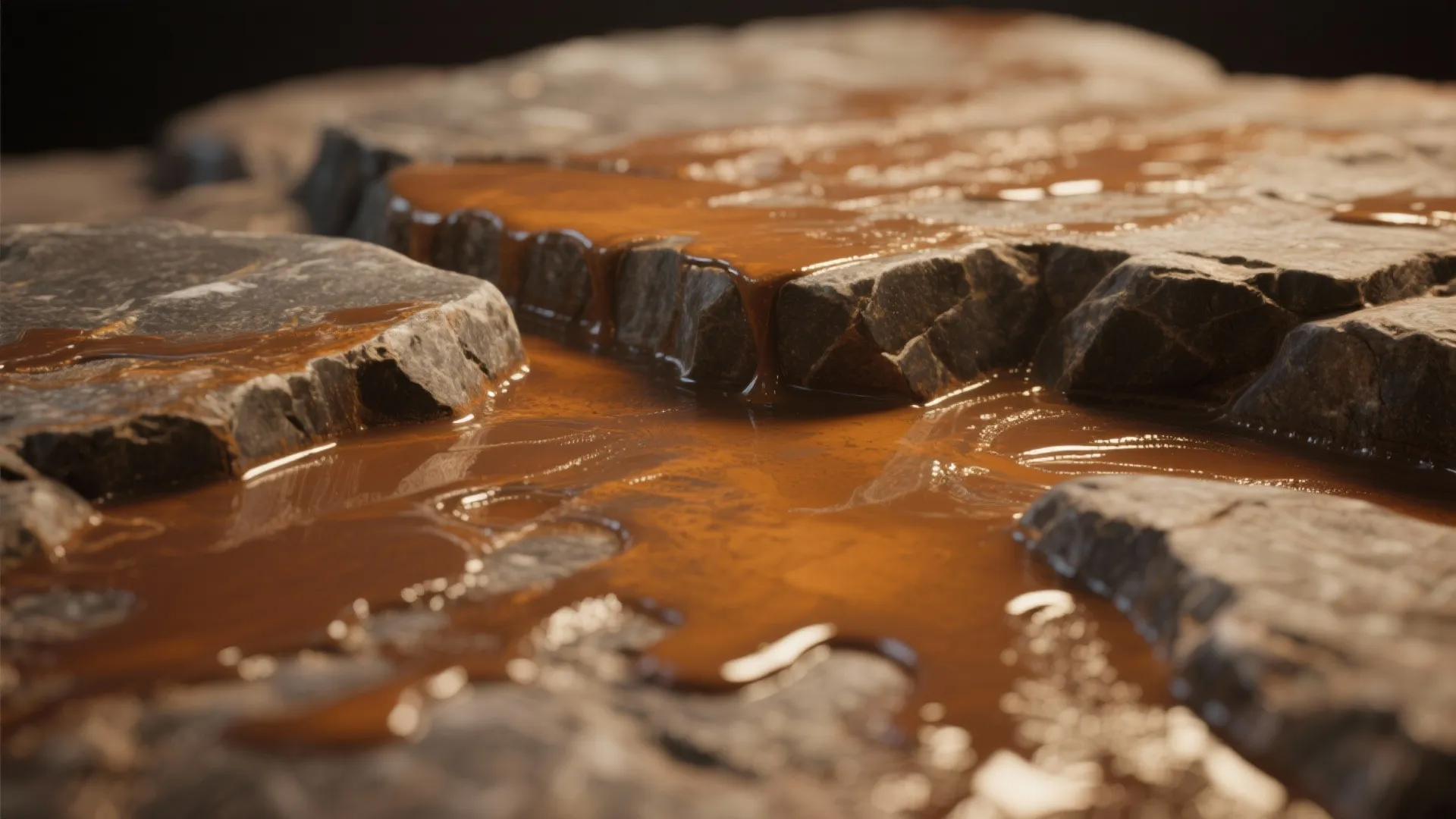Shiny brown liquid flowing over rough grey stone surface showing a wet and glossy finish detail