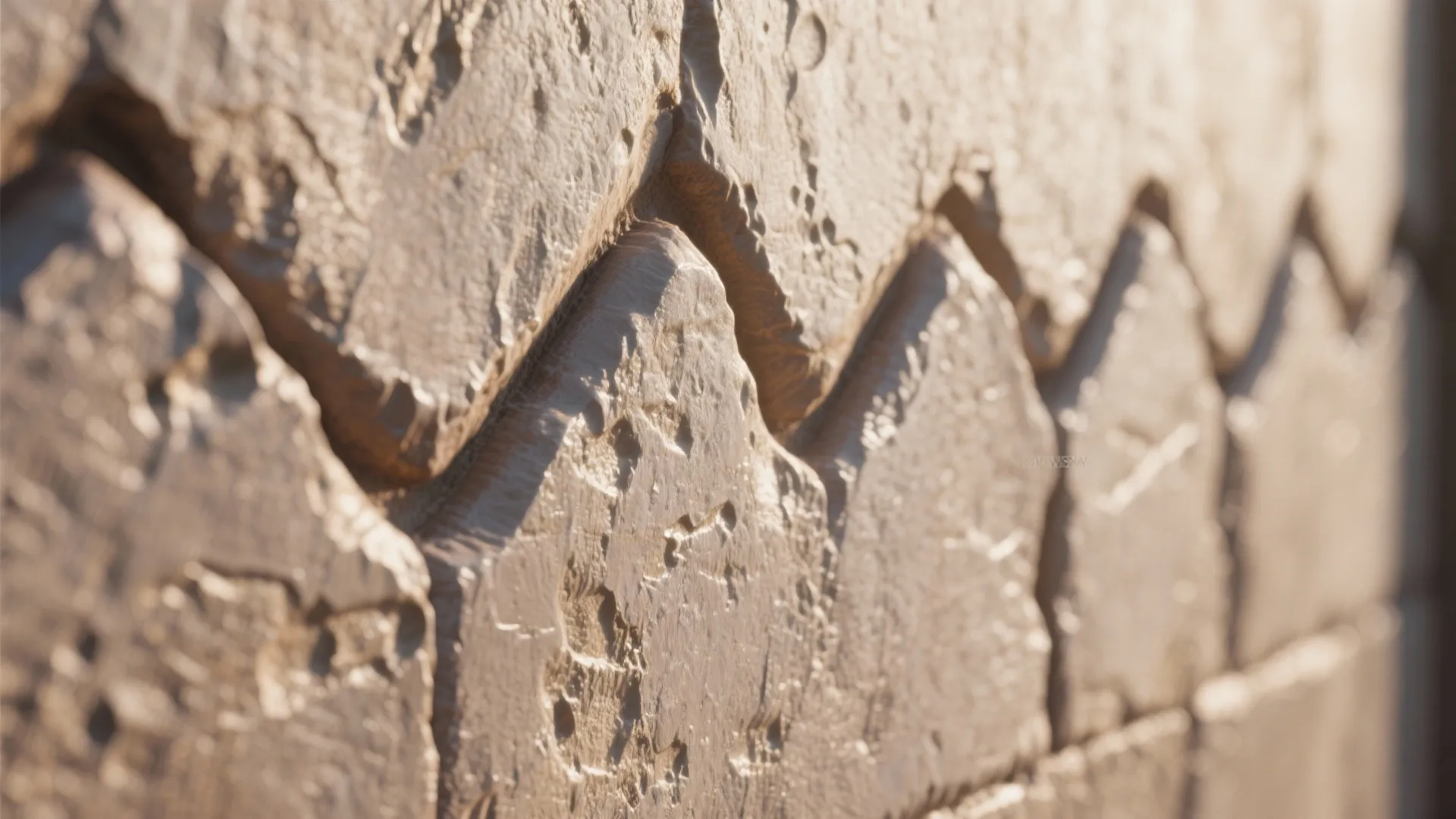 Close up of textured wall panel with jagged stone patterns and warm natural indoor lighting