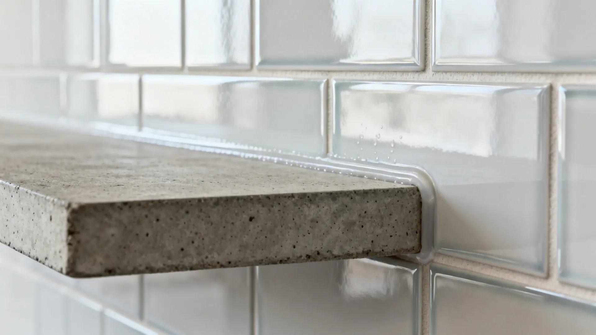 High-splash-zone cement shelves with glazed backs