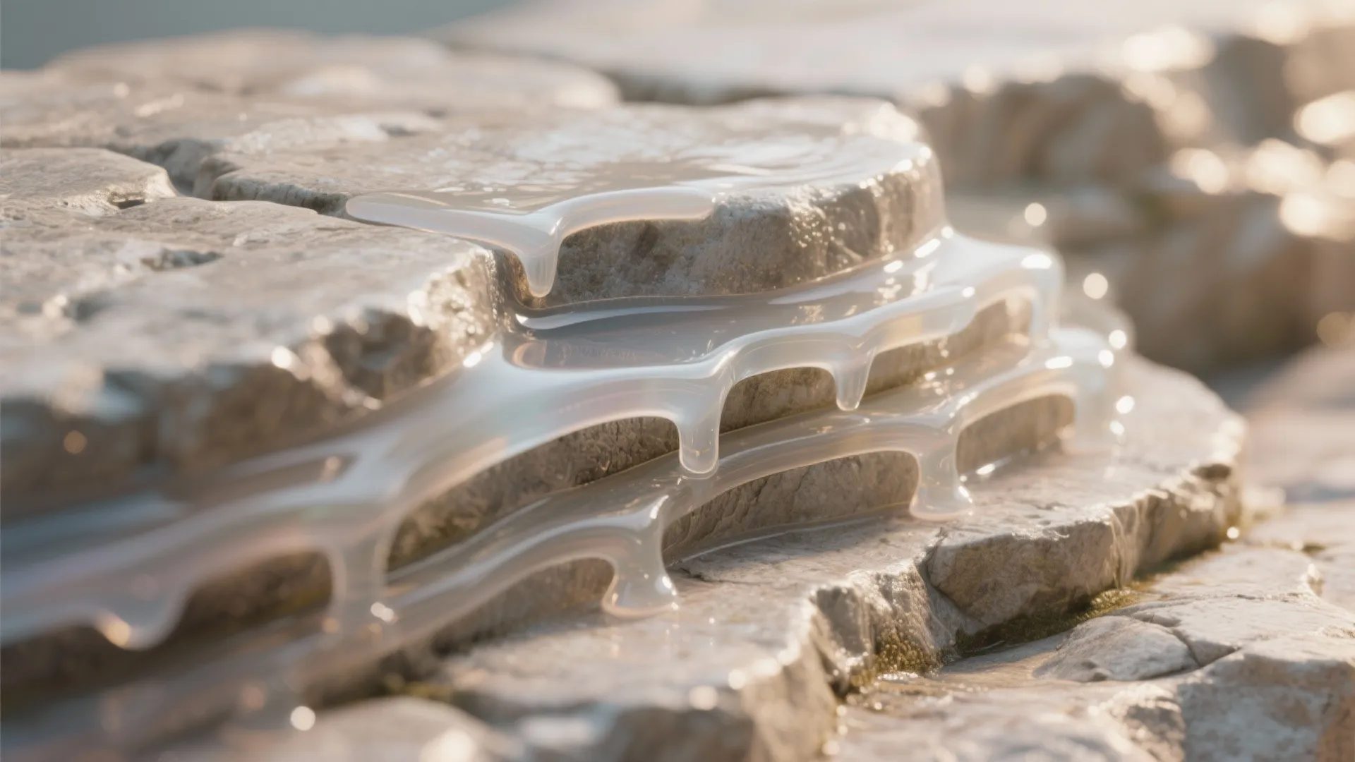Clear glossy liquid dripping over layers of a light grey natural stone surface material detail