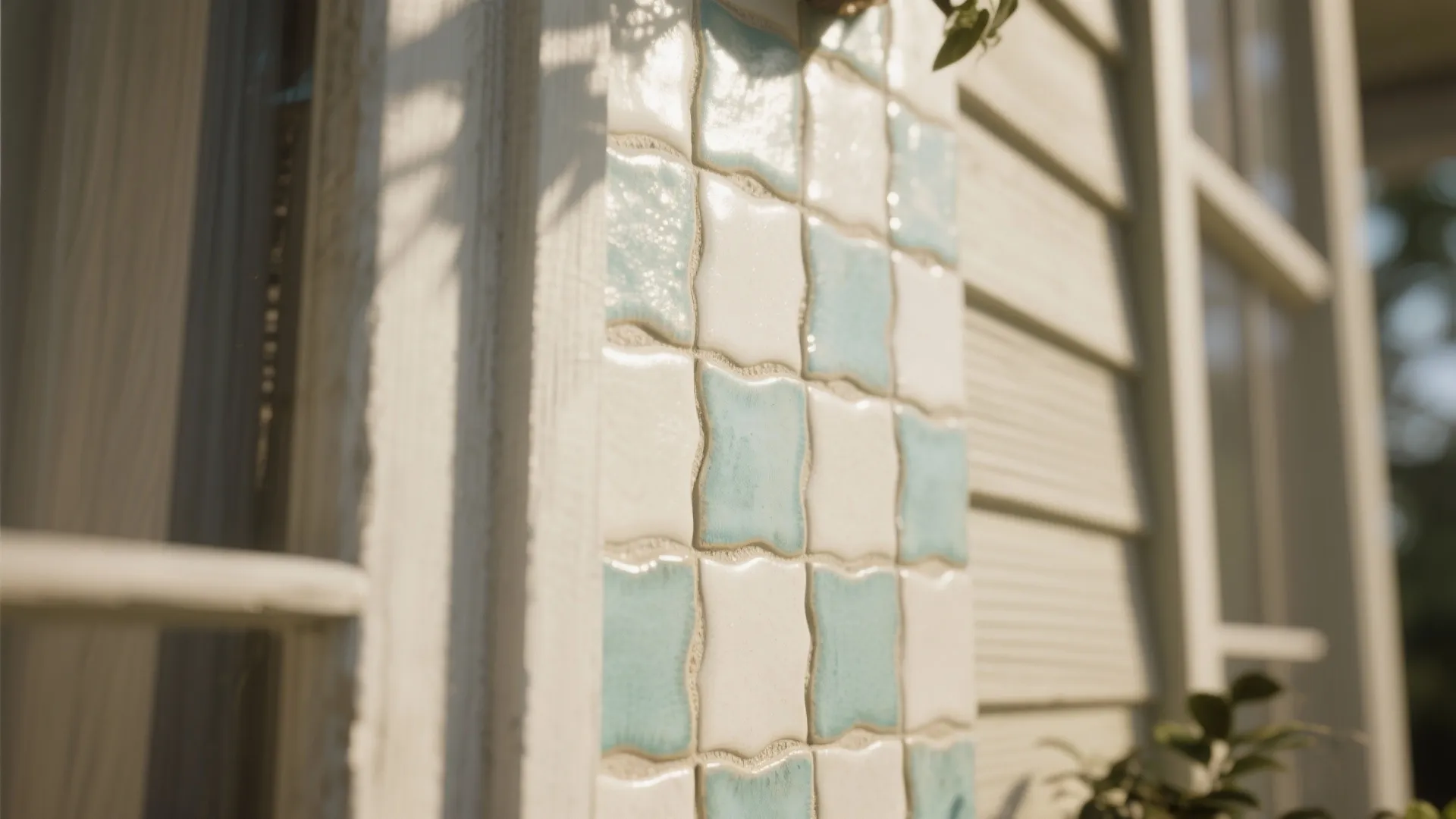 Close up of light blue and white wall tiles on the exterior of a house