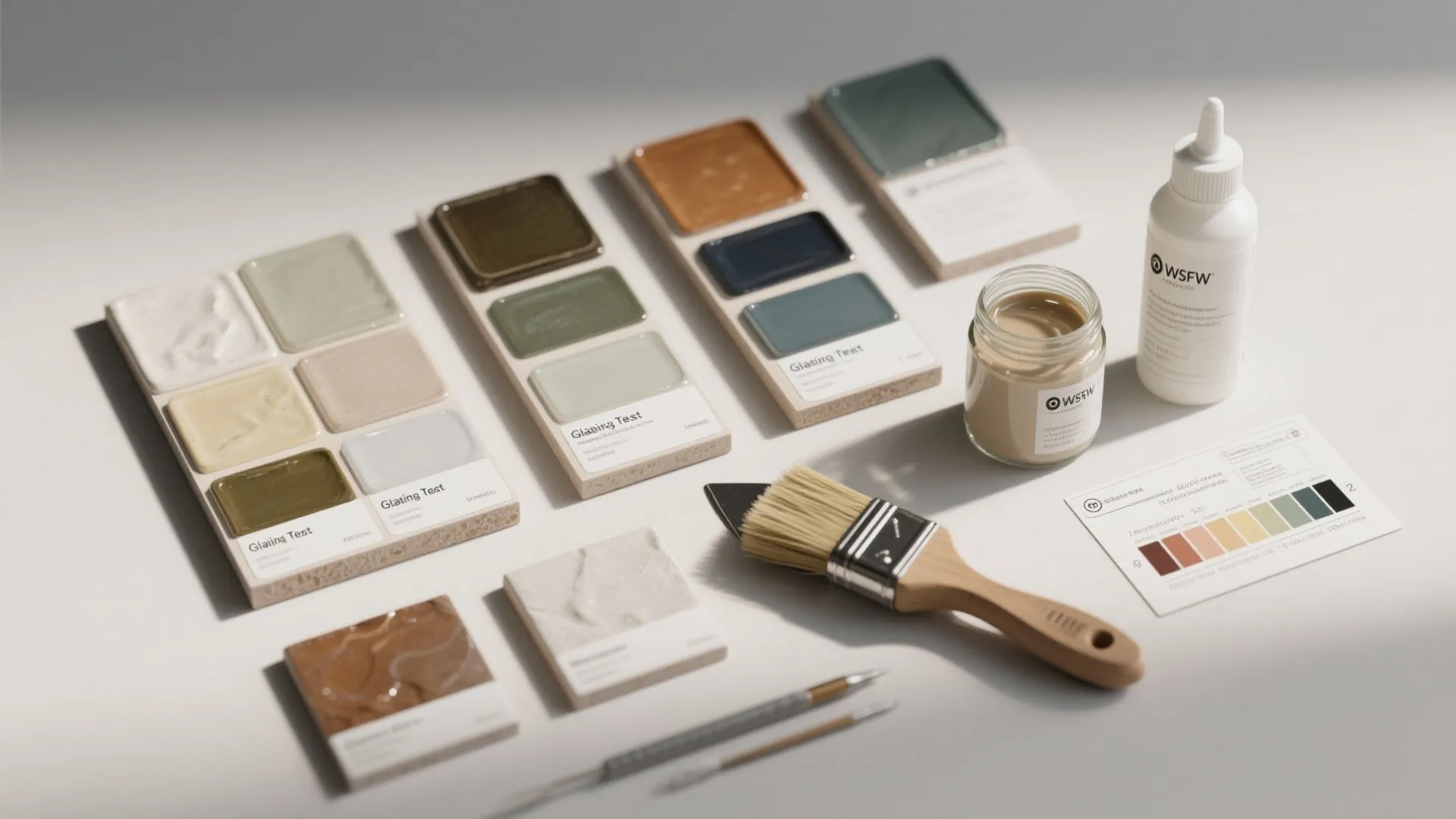 Selection of colorful material samples on display boards with wooden brush and liquid paint jar