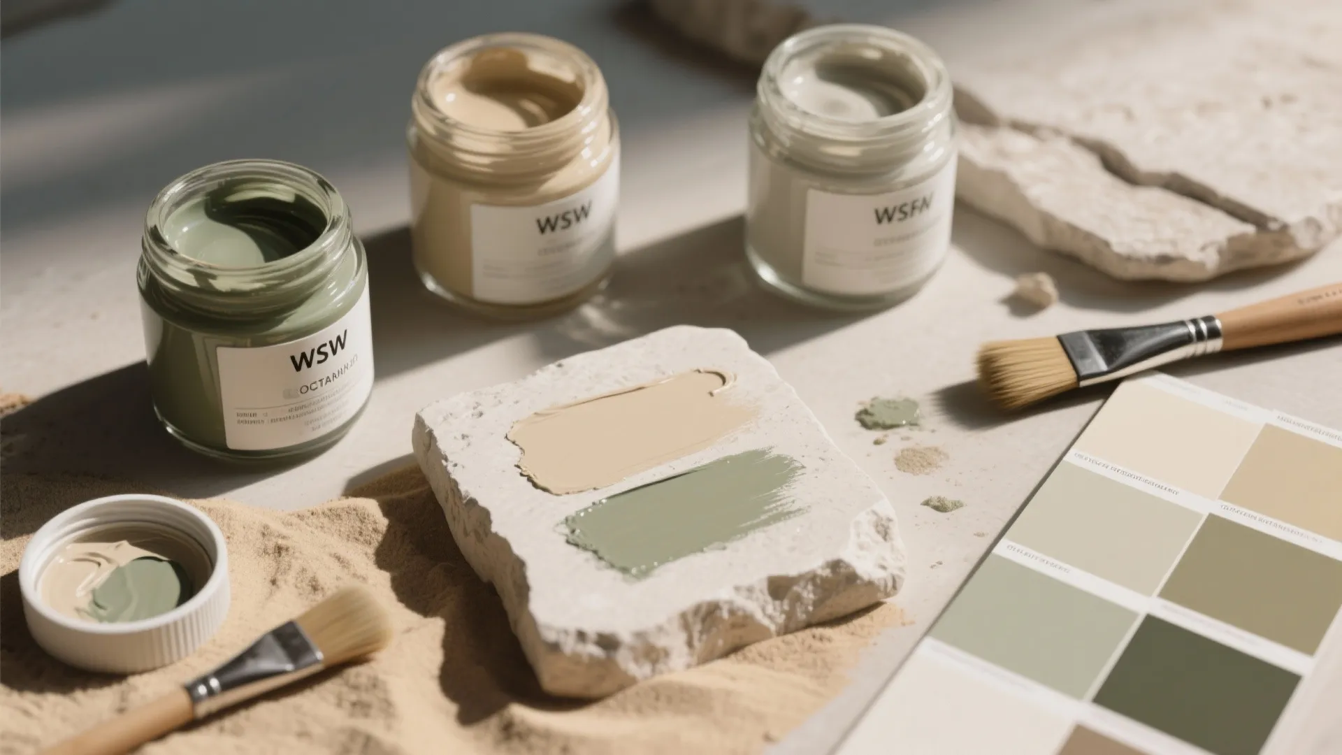 Paint jars and brushes with green and beige color samples on stone and paper swatches