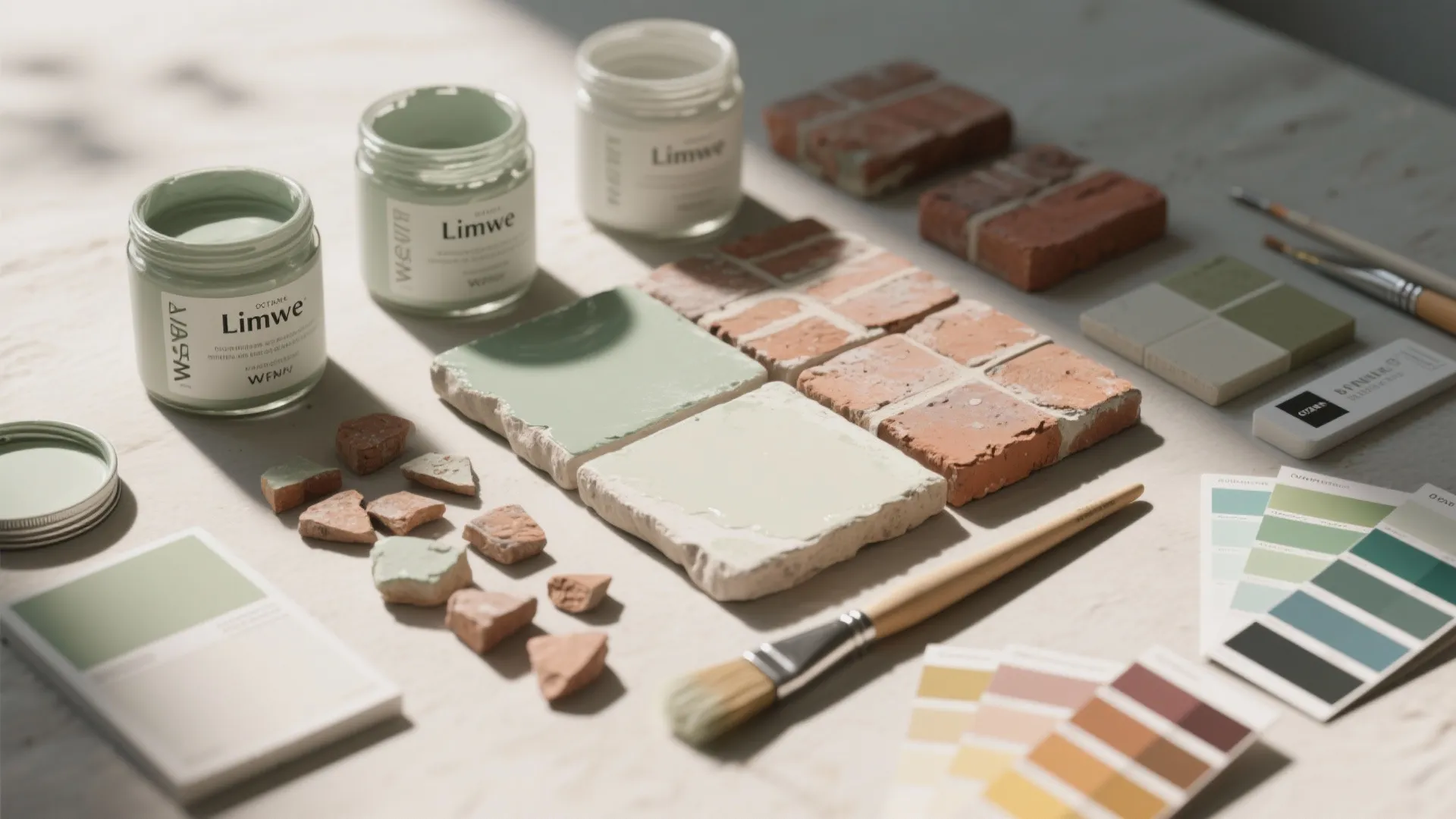 Top-down layout of tinted primers, limewash jars, brick sample tiles, and color swatches showing subtle tone options.