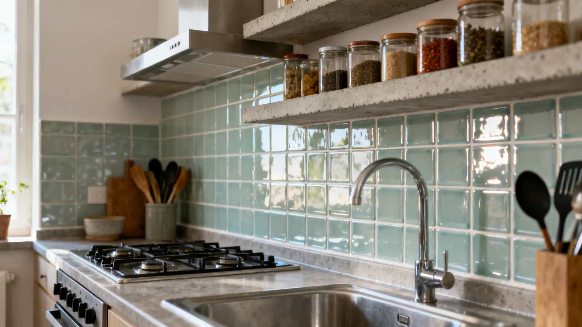 High-splash-zone cement shelves with glazed backs