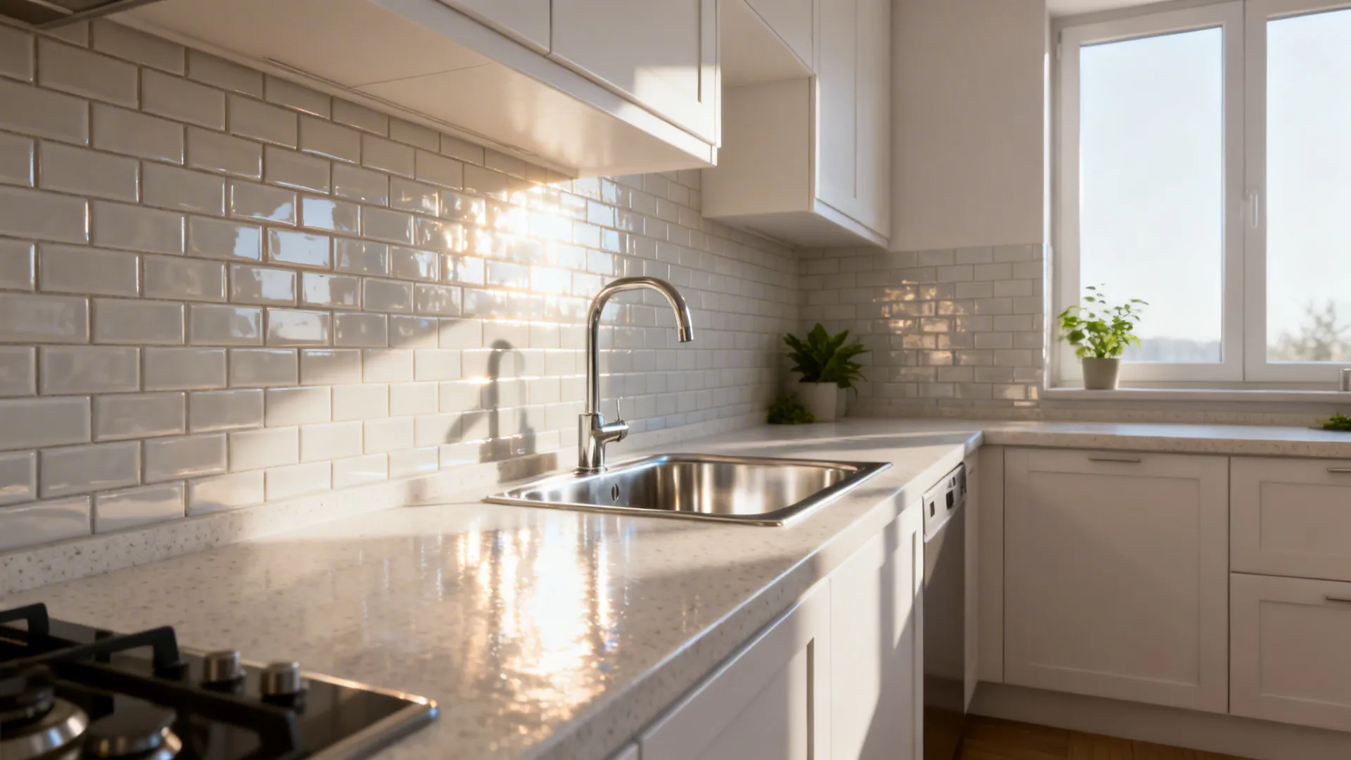 Small kitchen with glazed ceramic backsplash reflecting daylight over light quartz counters.