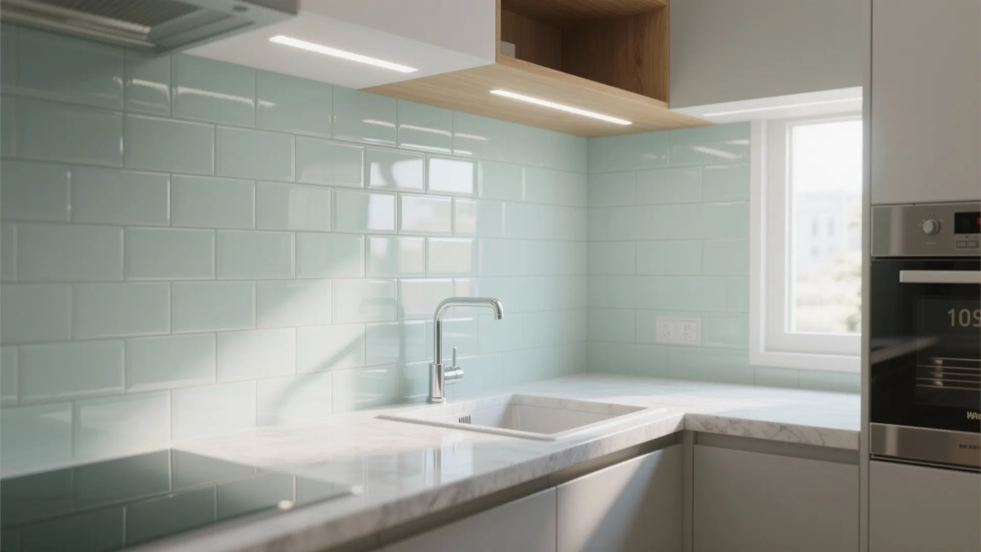 Glazed Backsplash to Bounce Light and Open the Room