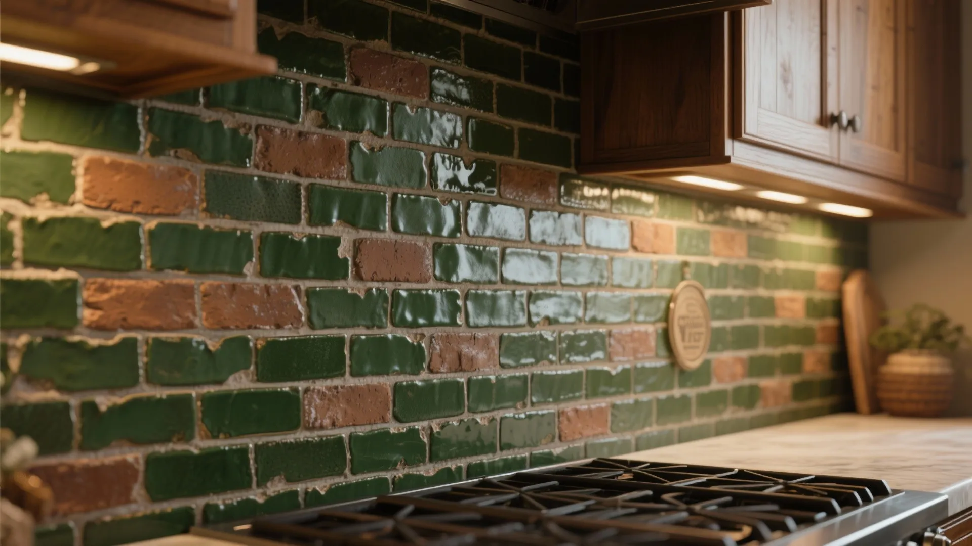 Deep green and brown glazed brick backsplash in Craftsman kitchen