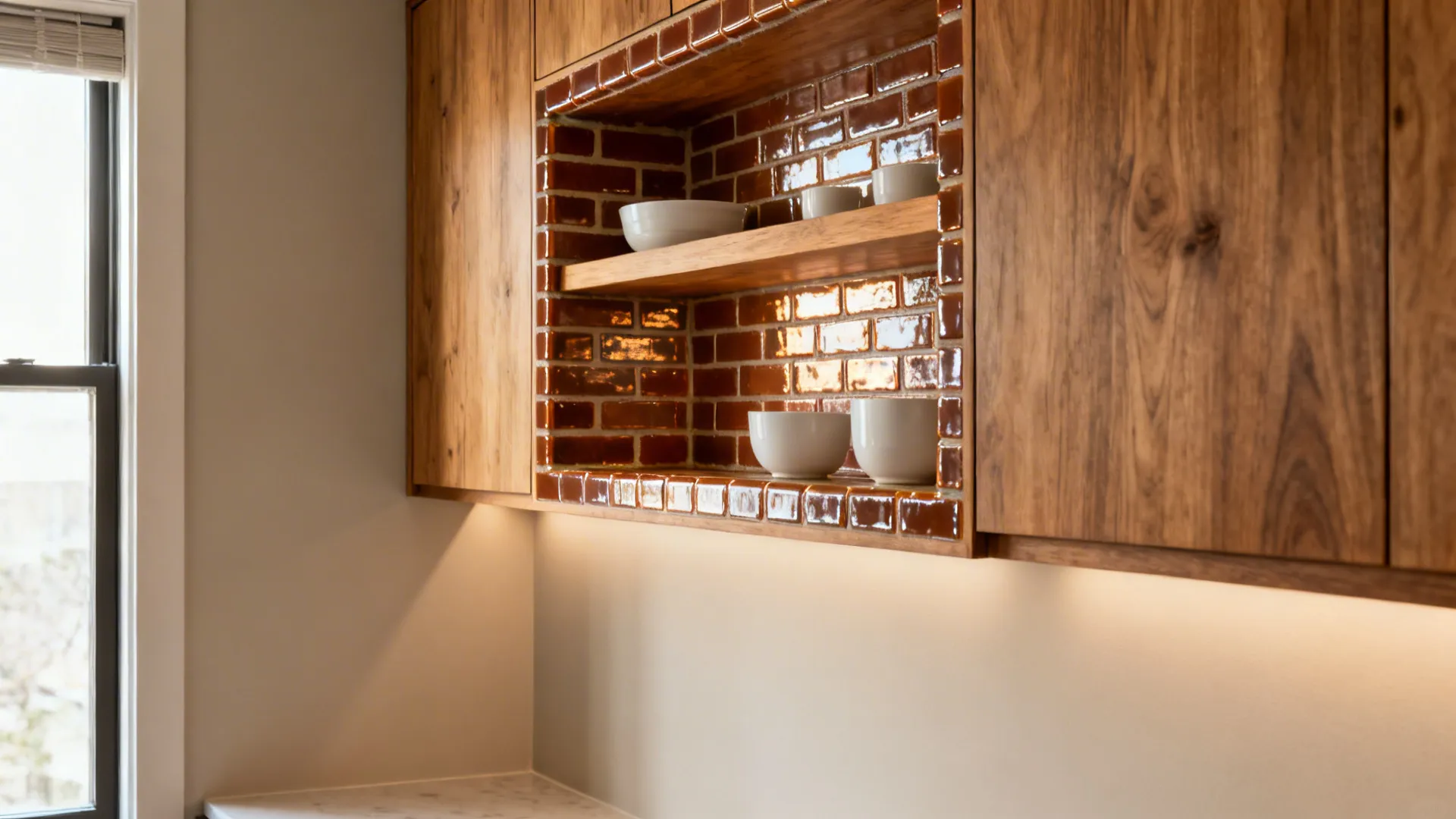 2) Glazed Brick Accents Framing Open Shelves