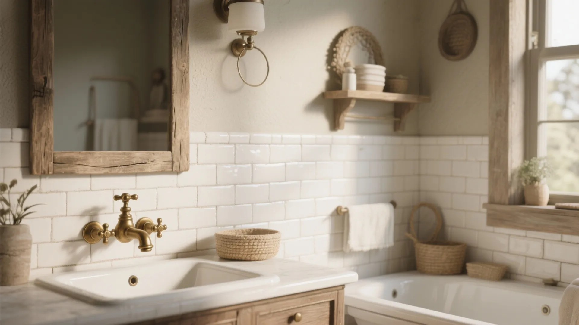 Rustic bathroom featuring white brick wall tiles wooden mirror frame brass tap and white bathtub