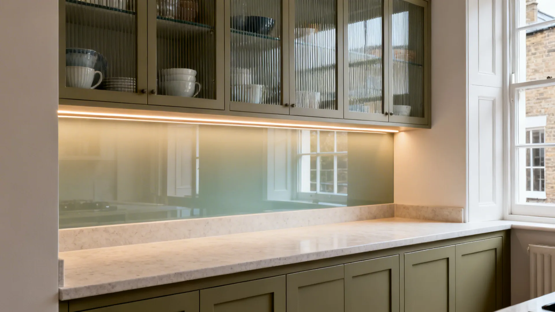 Glazed wall cabinets with reeded glass and a tinted glass splashback reflecting light.