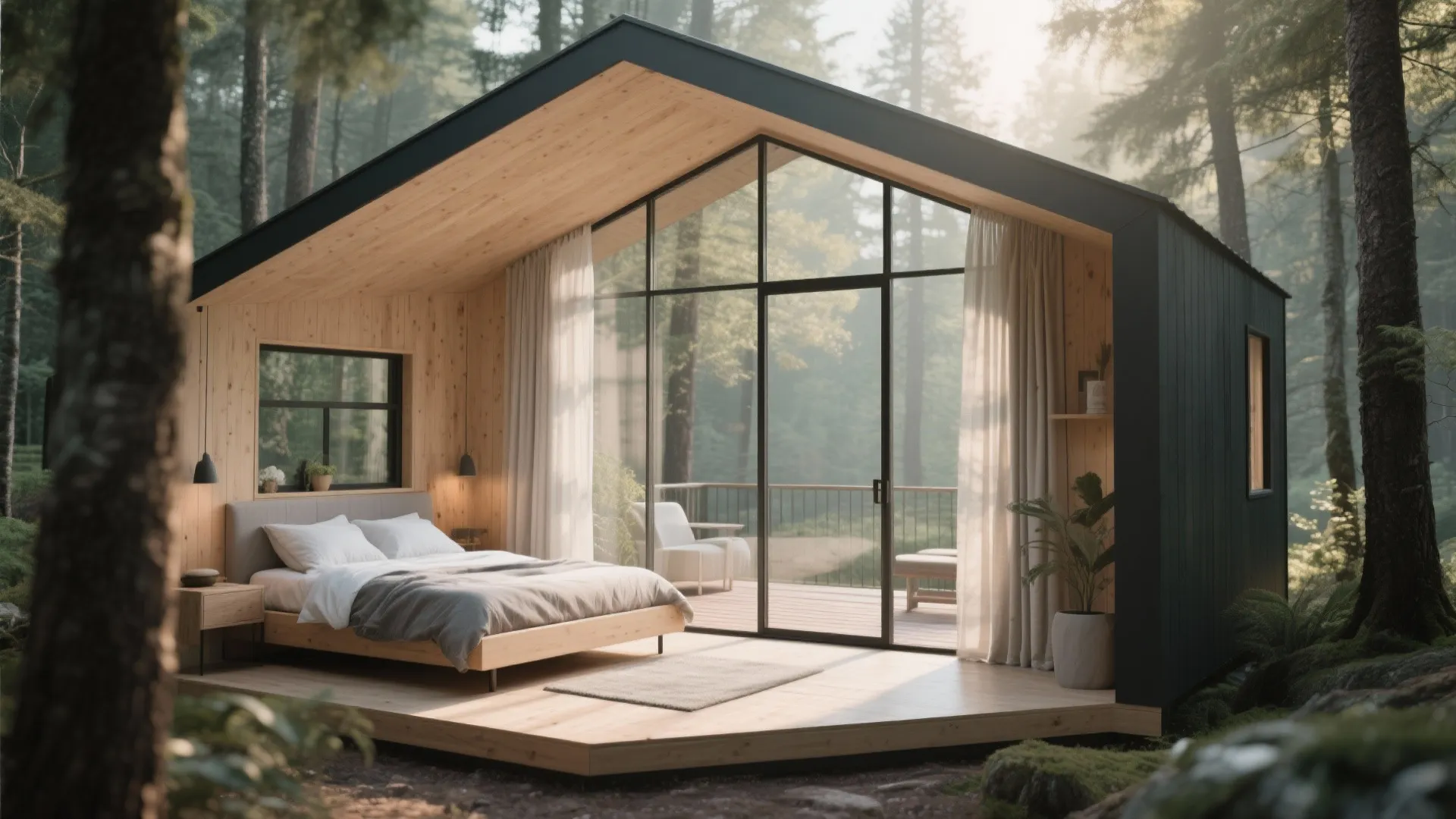 Modern wood cabin bedroom with large glass doors opening to a balcony in the forest