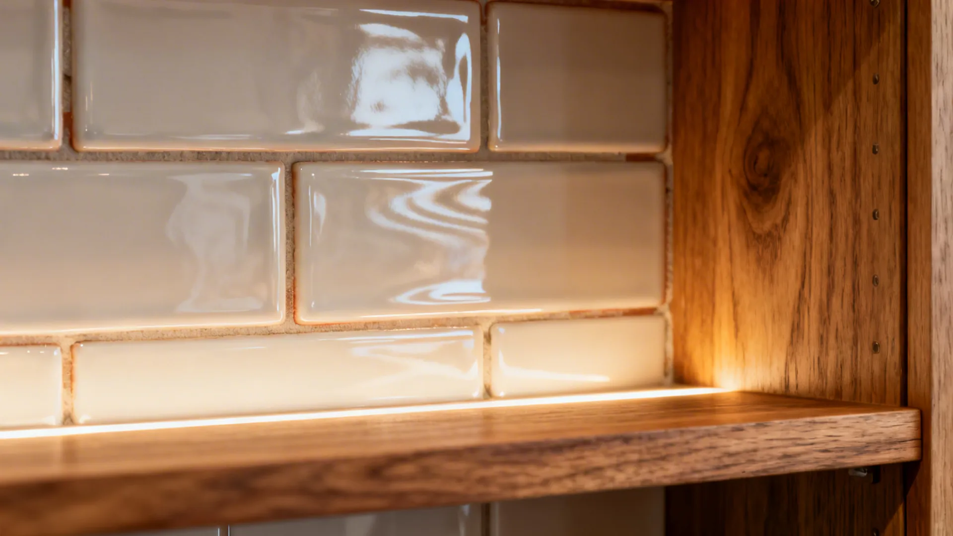 2) Glazed Brick Accents Framing Open Shelves