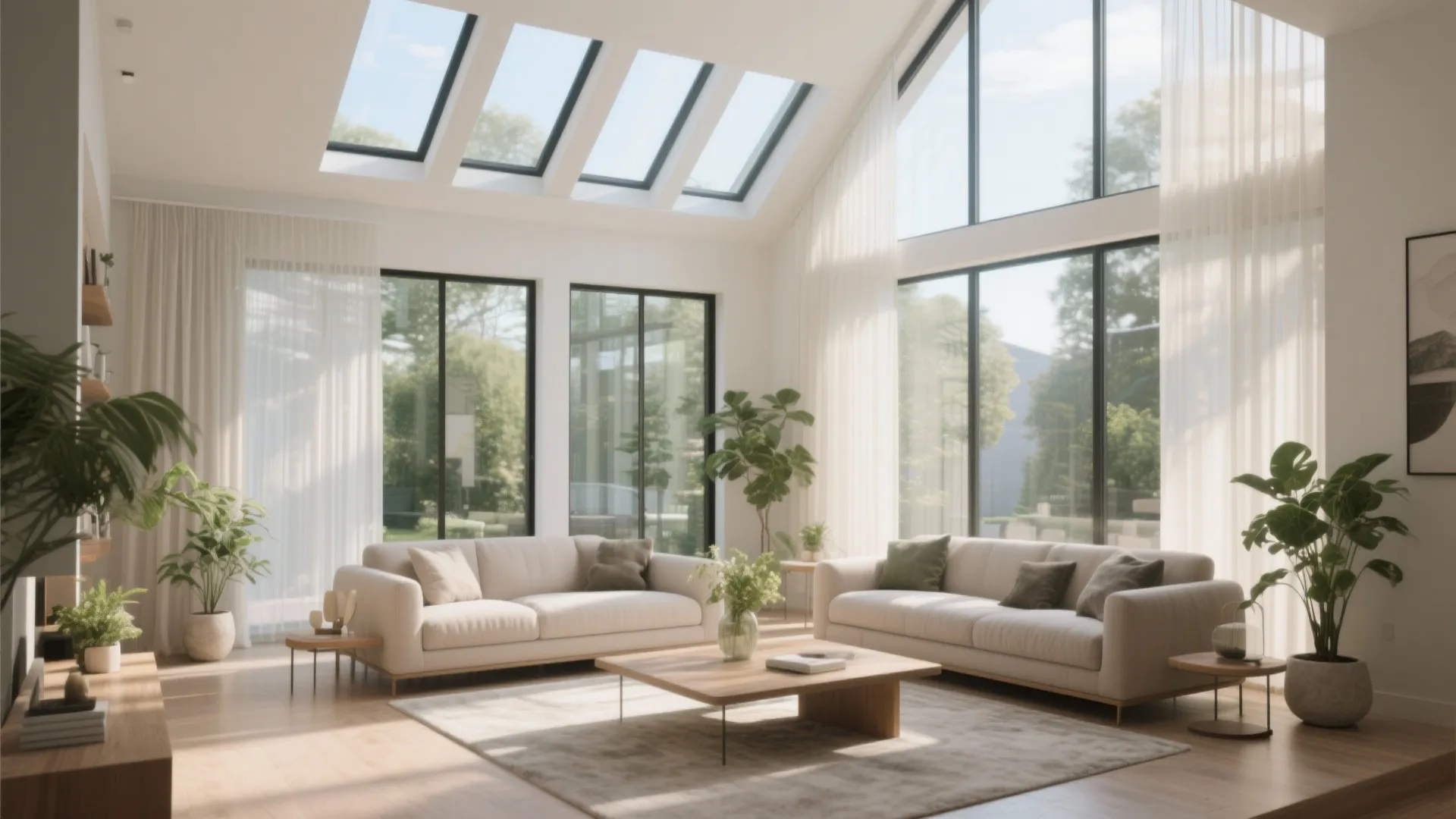 Bright living room with two white sofas, wooden coffee table, roof windows, and green plants