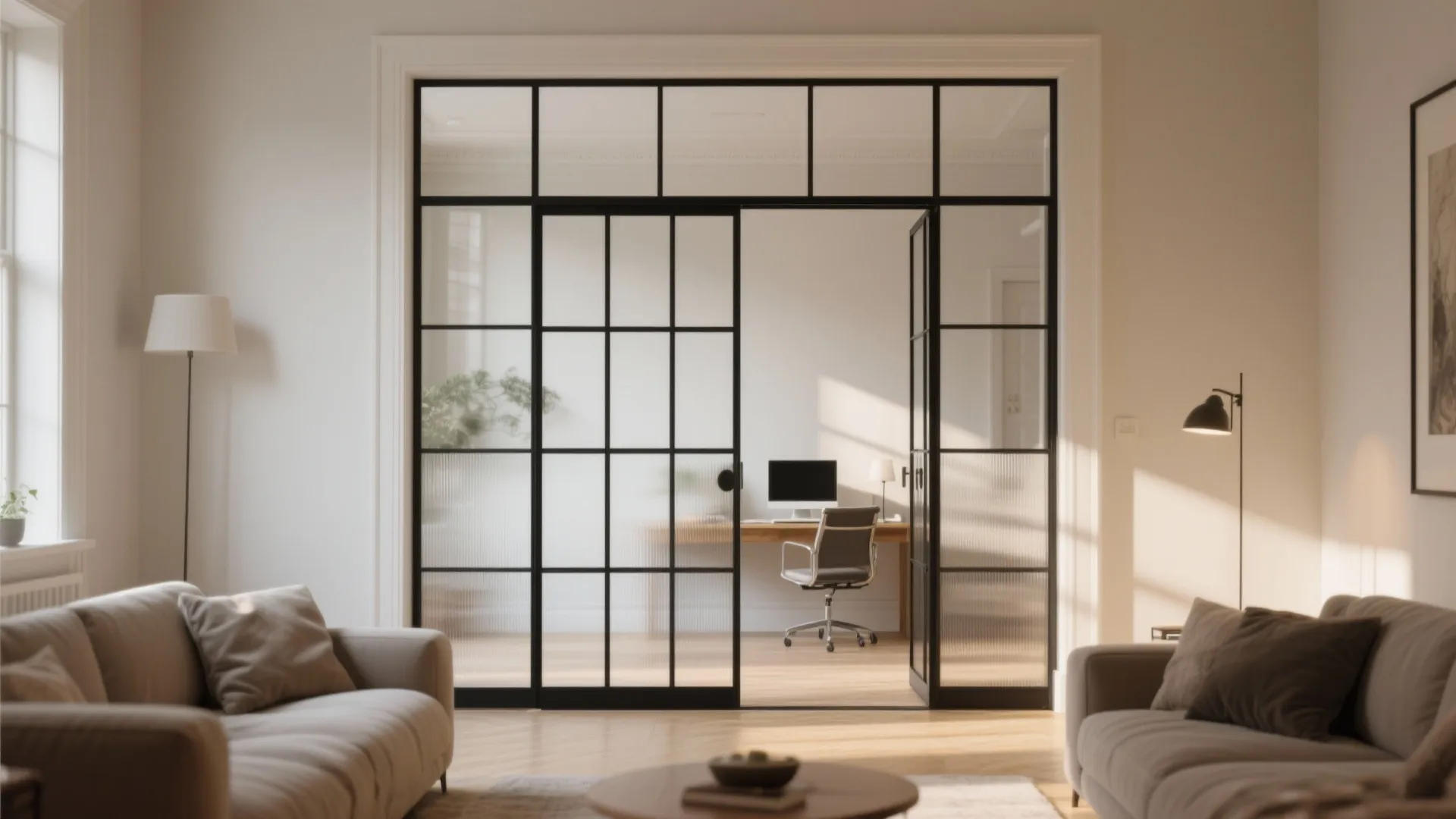 Living room with sofas and large black frame glass doors opening into a bright office