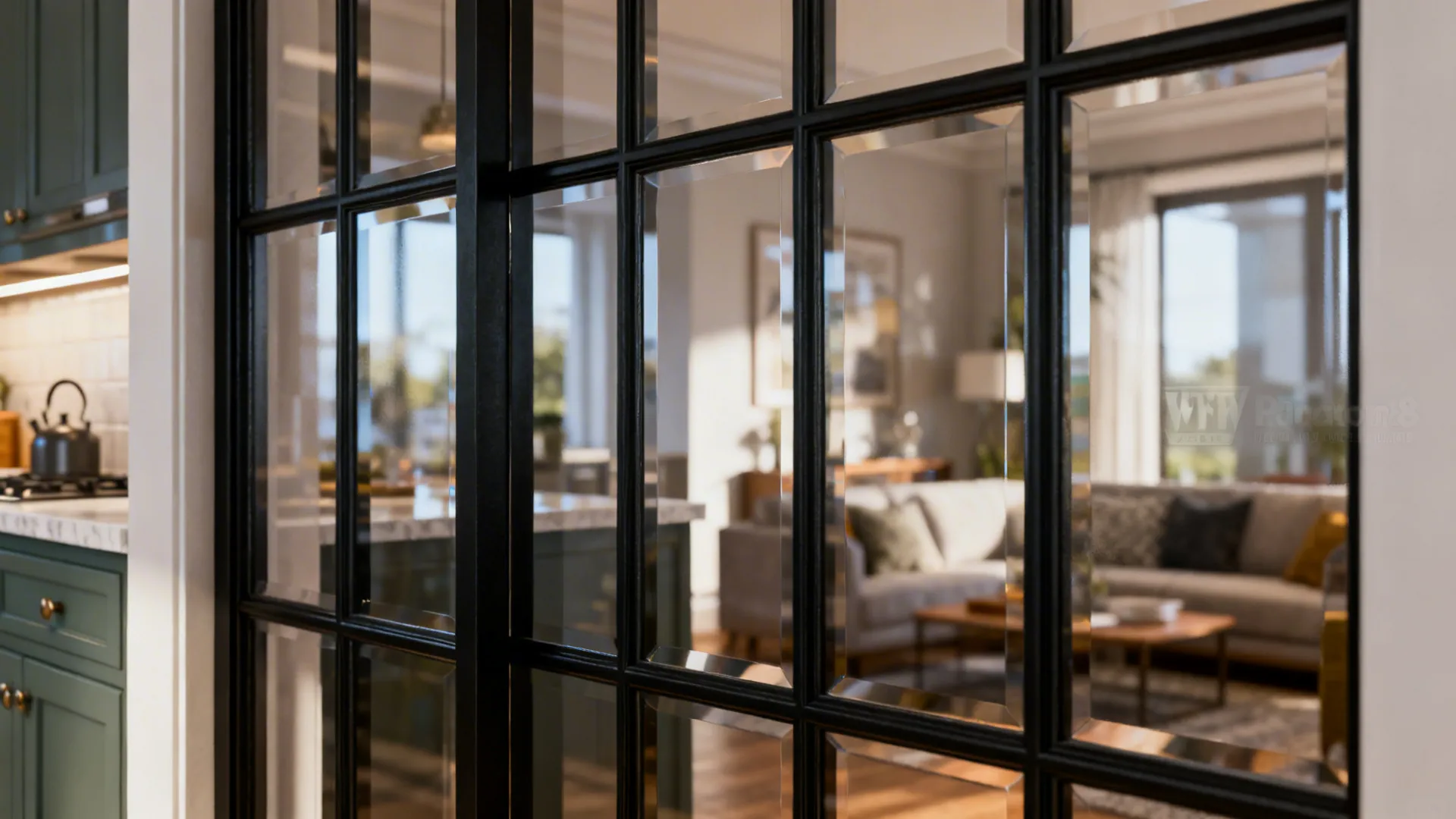 Glazed framed opening between kitchen and living room with black metal frame and clear glass