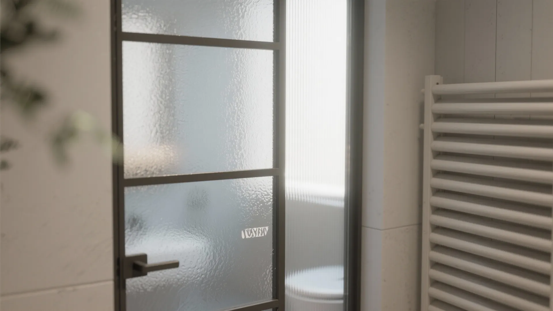 Modern bathroom glass door with black metal frame and frosted surface next to white wall radiator