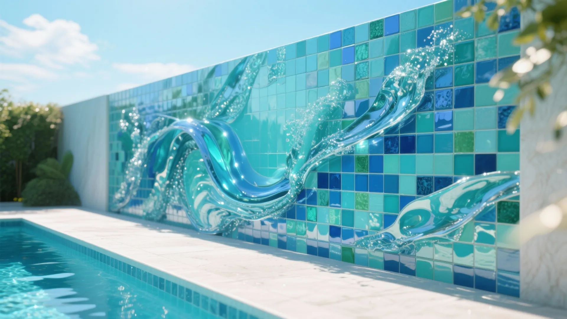Swimming pool area with a blue mosaic tile wall featuring a clear glass water wave