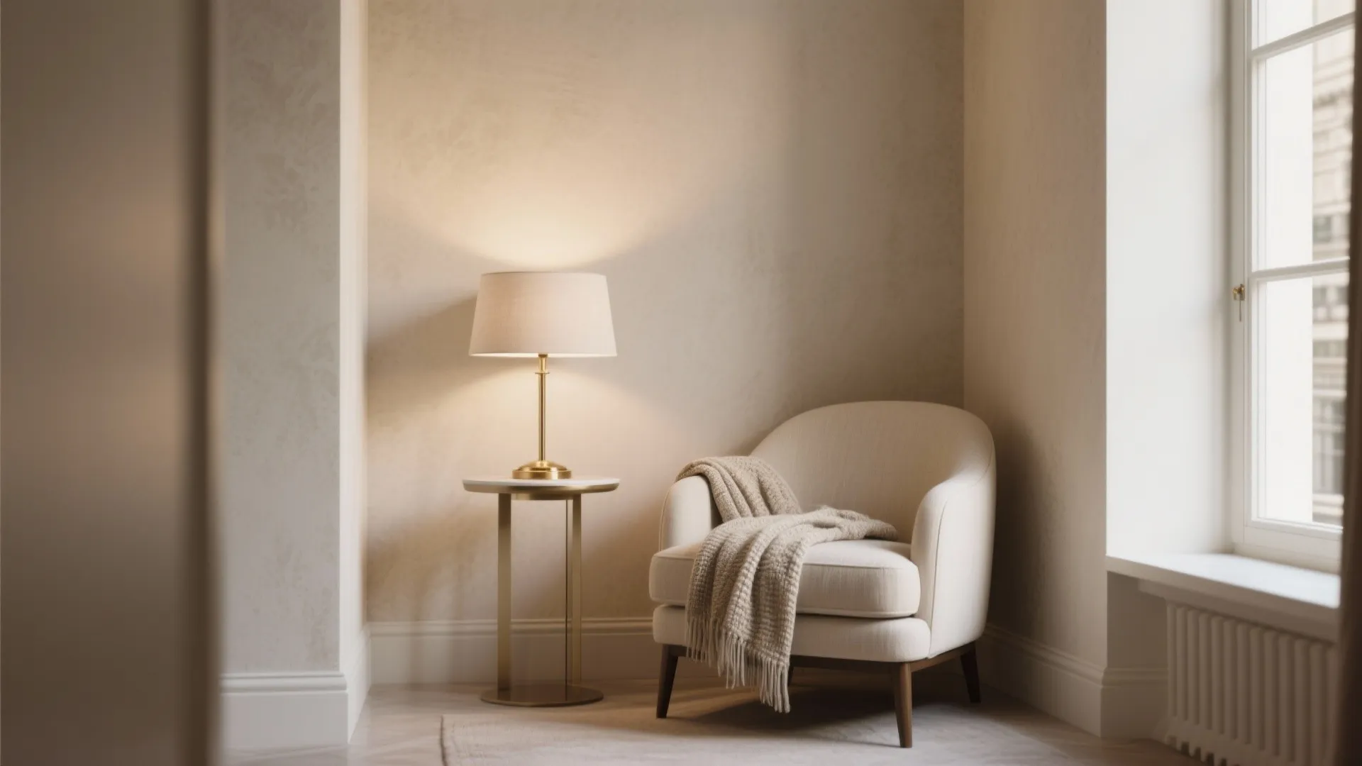 Cozy reading corner with white armchair beige blanket small side table table lamp and window